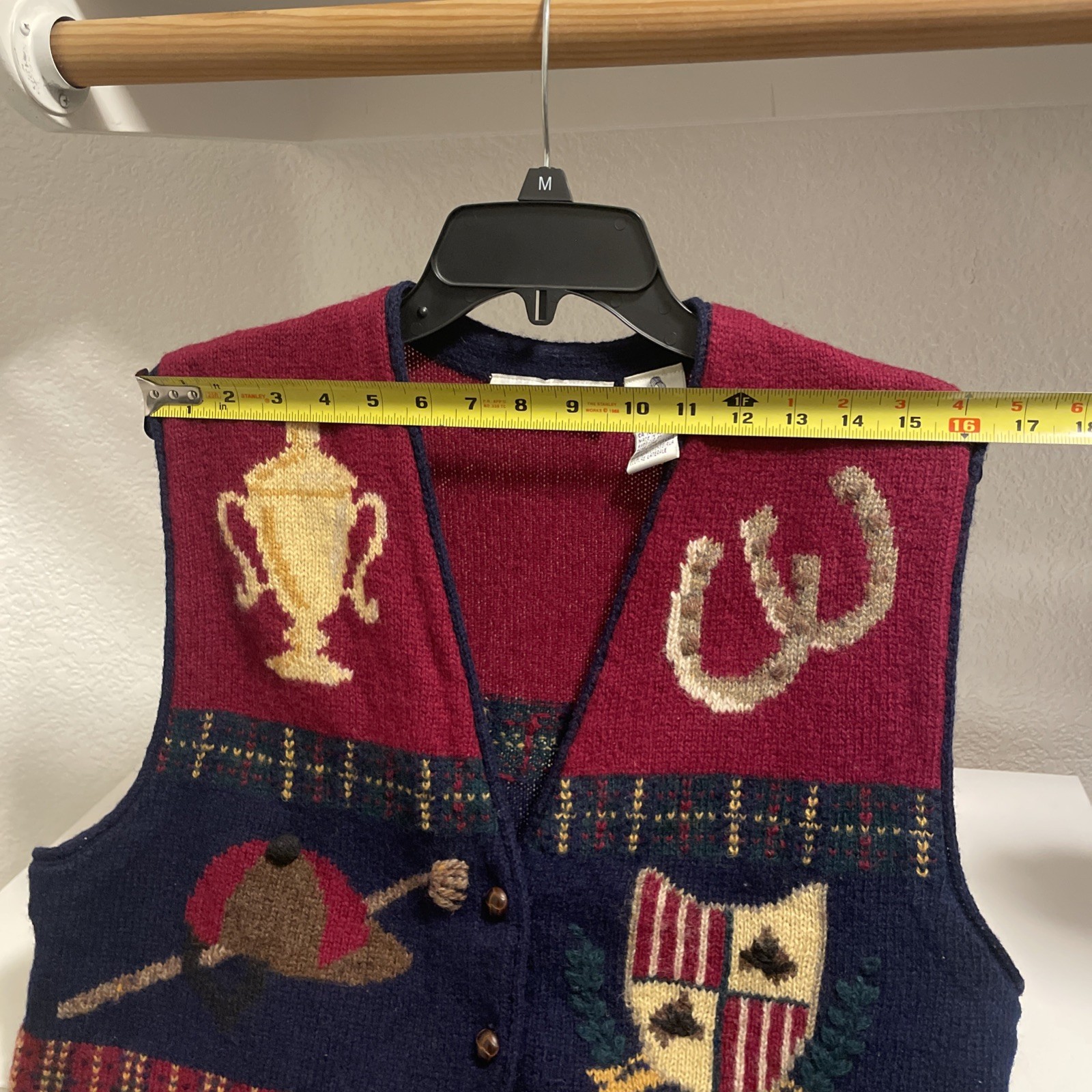 Robert Scott Ltd Vintage Wool Equestrian Horse Race Sweater Vest Navy Red Large