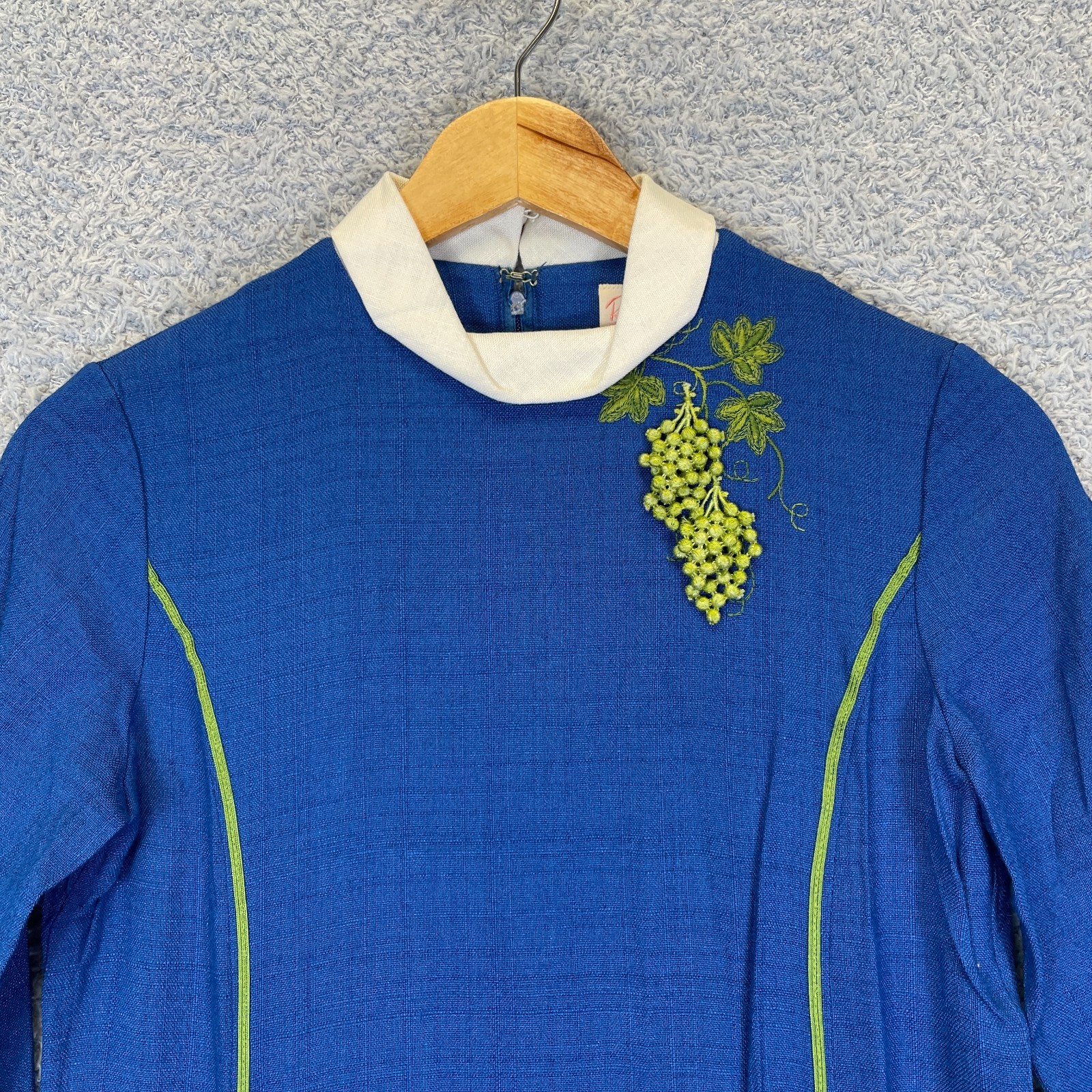 Vintage 1960s Ruth of Carolina Cobalt Mod Dress Embroidered Grapes A-Line XS