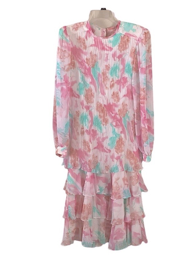 LISA MICHAELS Floral Watercolor Pastel Vintage 80s Dress Size 10 Made In USA