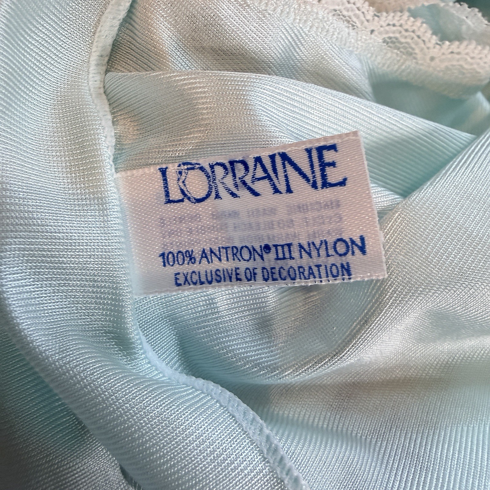 VTG Lorraine Aqua Lace Trim Nightgown Nylon Slip Dress 1X USA Coquette Pastel