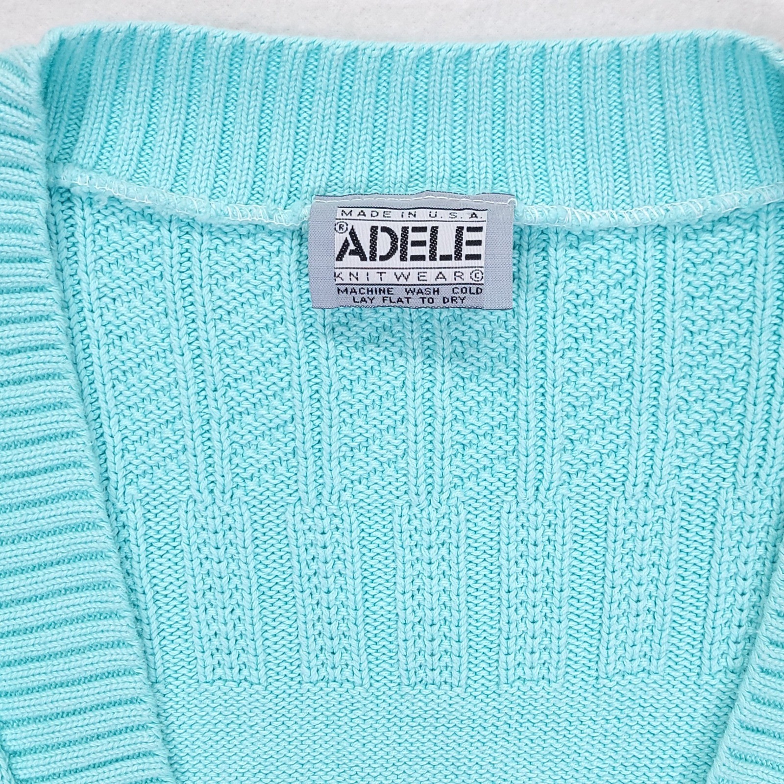Vintage Adele Knitwear Turquoise Aqua Blue Cotton Button Front Sweater Vest USA