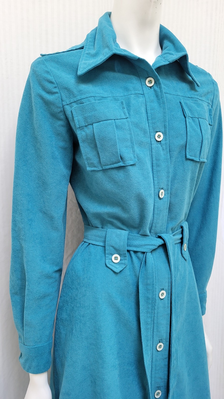 Vintage Teal Ultrasuede Button Front Shirt Dress w/ Tie Belt – Size S – EUC