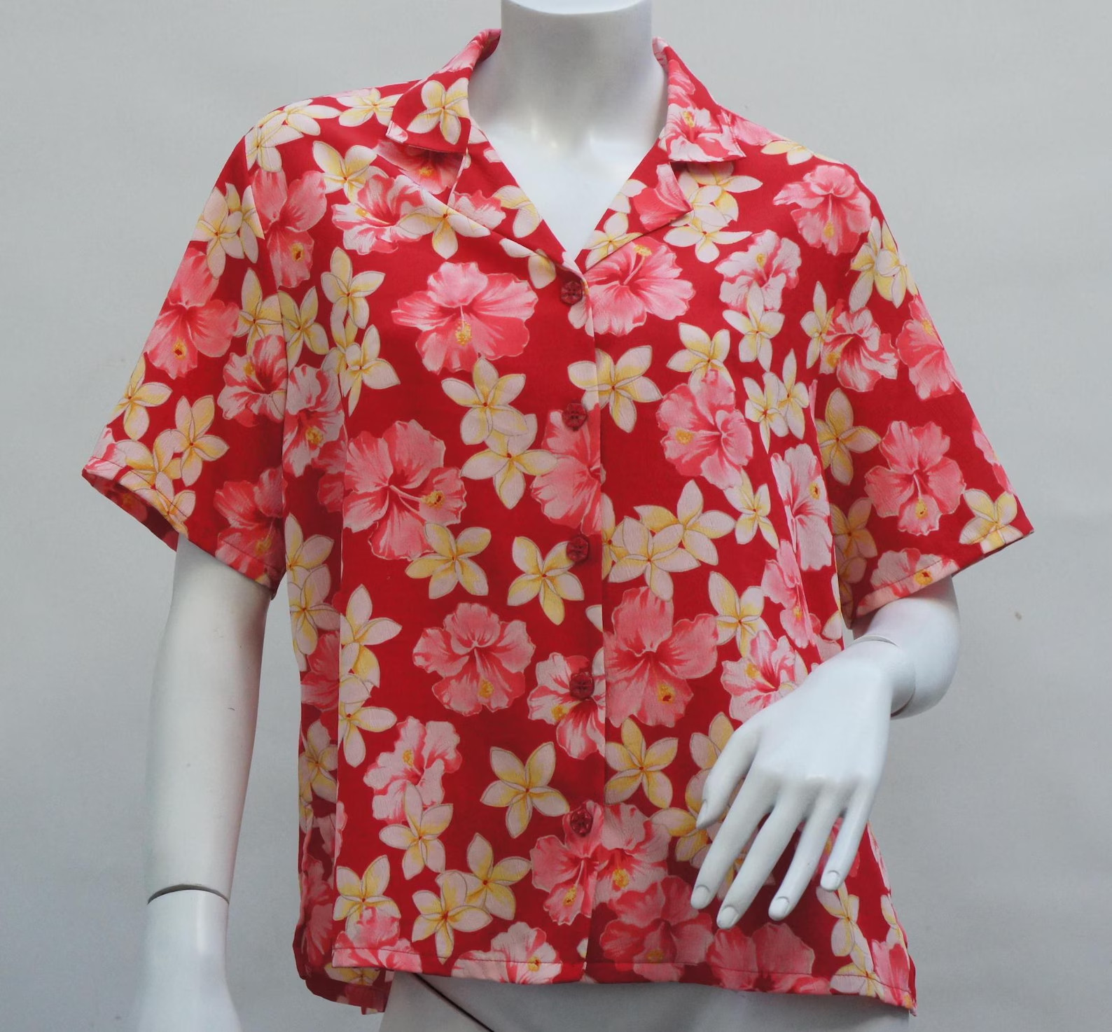 Vintage 90s Red Hibiscus Floral Hawaii Shirt By Bon Worth Size Medium Boho Retro