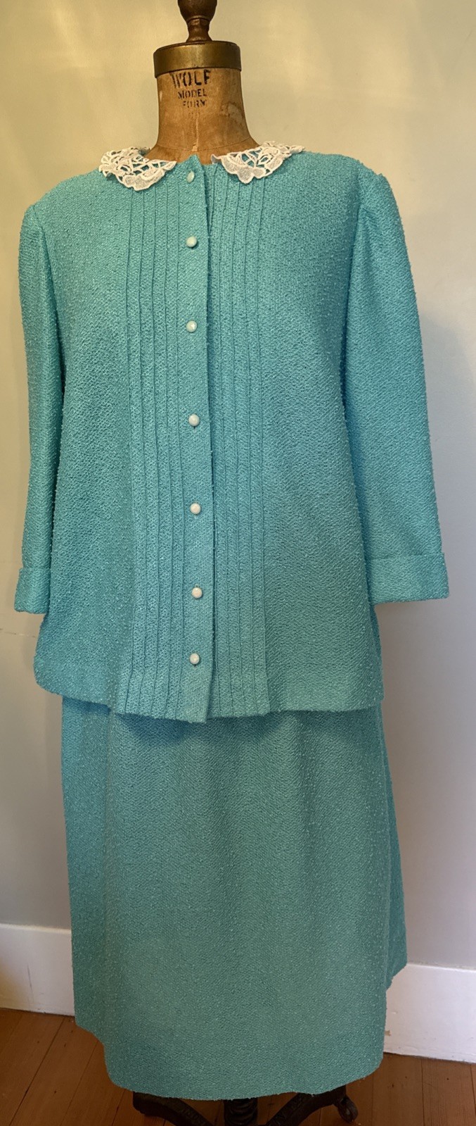 Vintage 1960’s Aqua Blue Boucle Knit Suit Set Cottage Core Coquette Size 16 XL