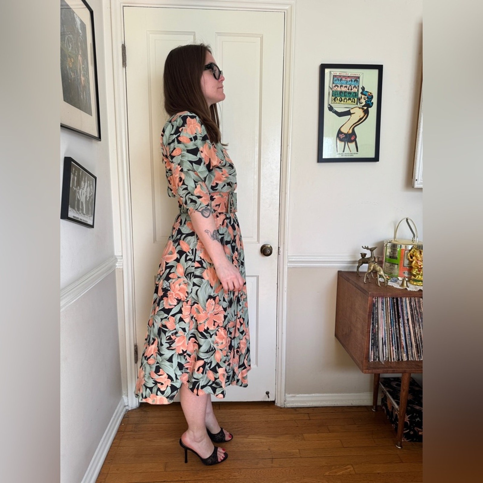80s Vintage Green Black and Pink Floral Shirt Dress