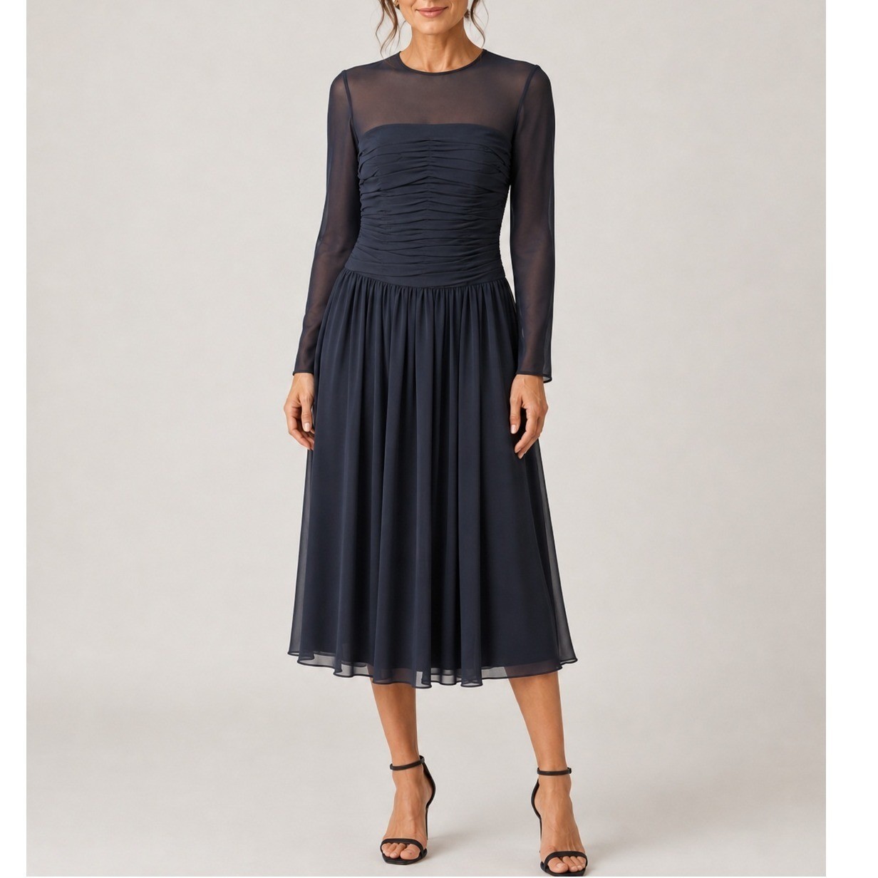 Neiman Marcus Black Chiffon Dress Women 10 Ruched Long Sleeve Evening Gown Event