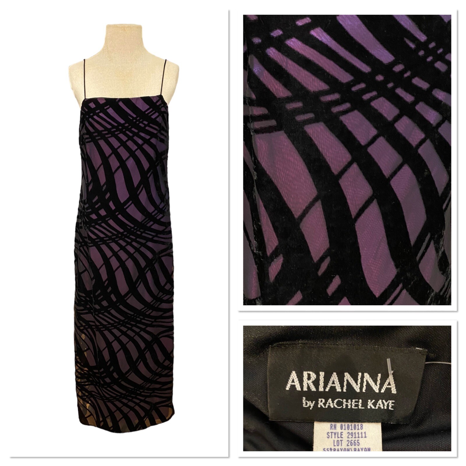 Vintage Arianna by Rachel Kaye Black Purple Velvet Claudie Dress Size 8