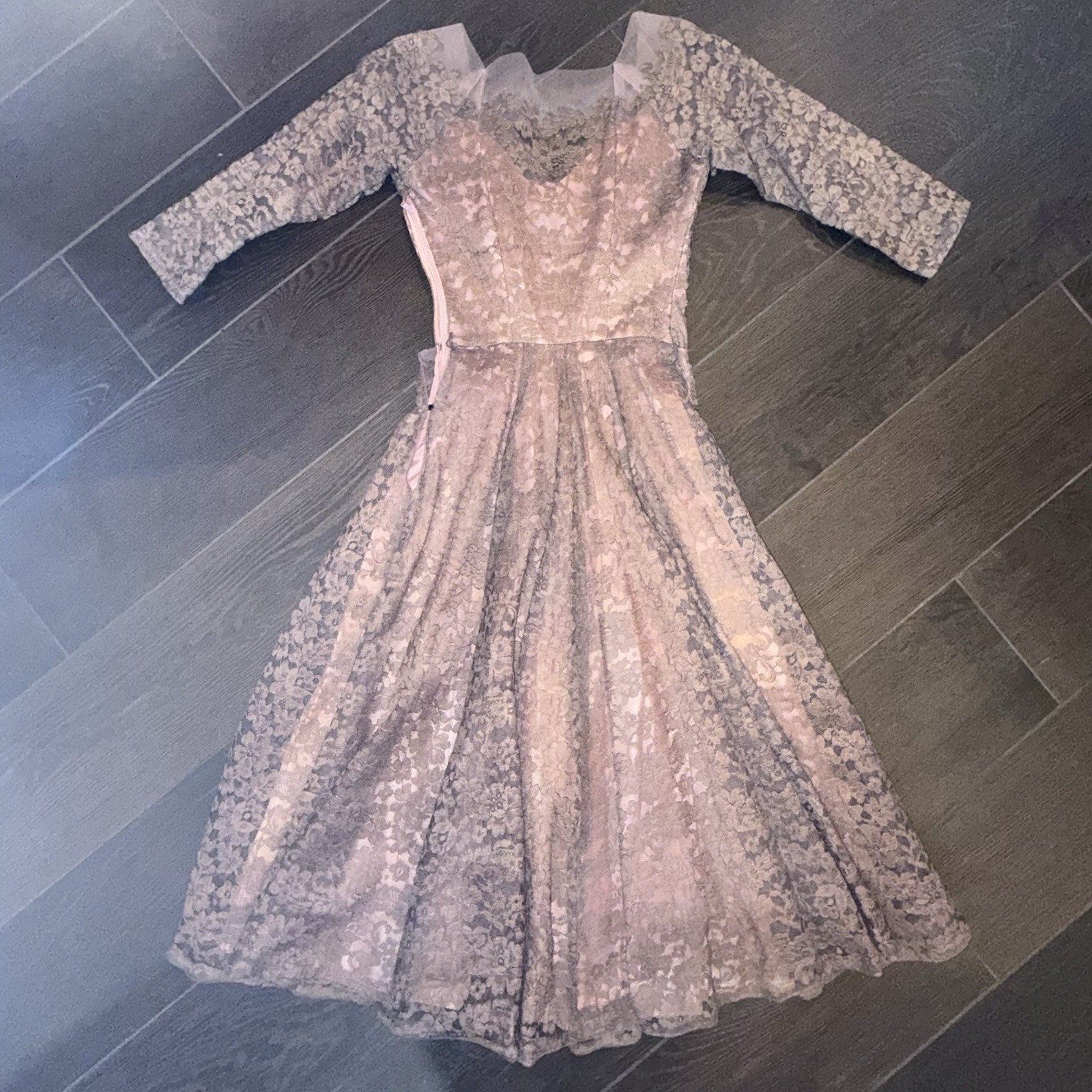Vtg 1950s Emma Domb Pink Lace Party Dress Tea Fit & Flare Illusion Size XS *read