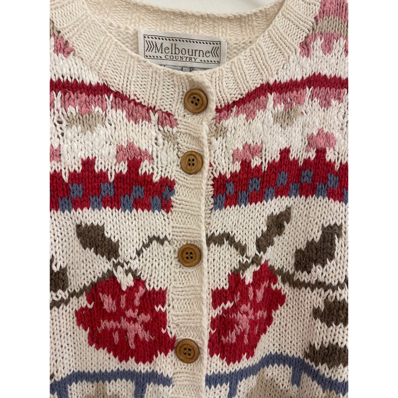 Vintage Cottagecore GrandmaCore Cardigan Floral White Pink Red Knit