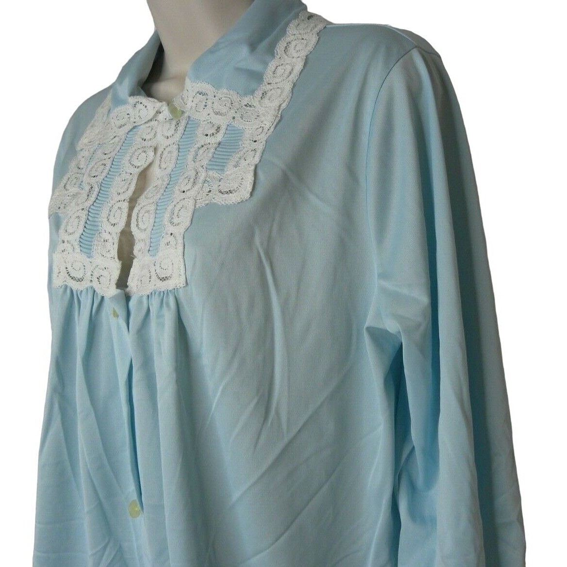 Vintage Komar Blue Nylon Robe Average Medium 3/4 Sleeve Lace Trim Button Front