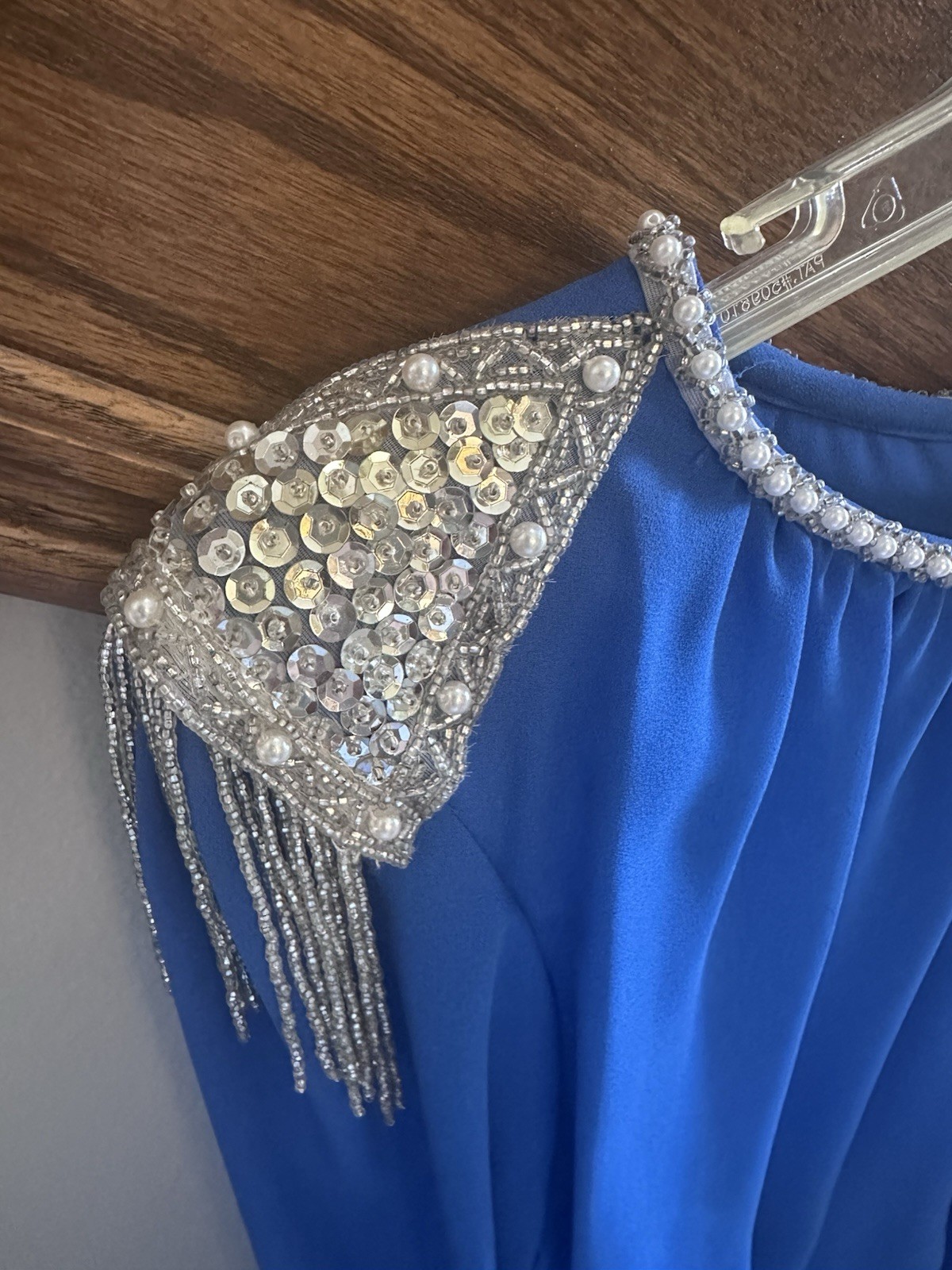 1990 MISS ELLIETTE Maxi Dress●Vtg●Pearls & Beads●Long Sleeve●Blue●Sz 14●Elegant