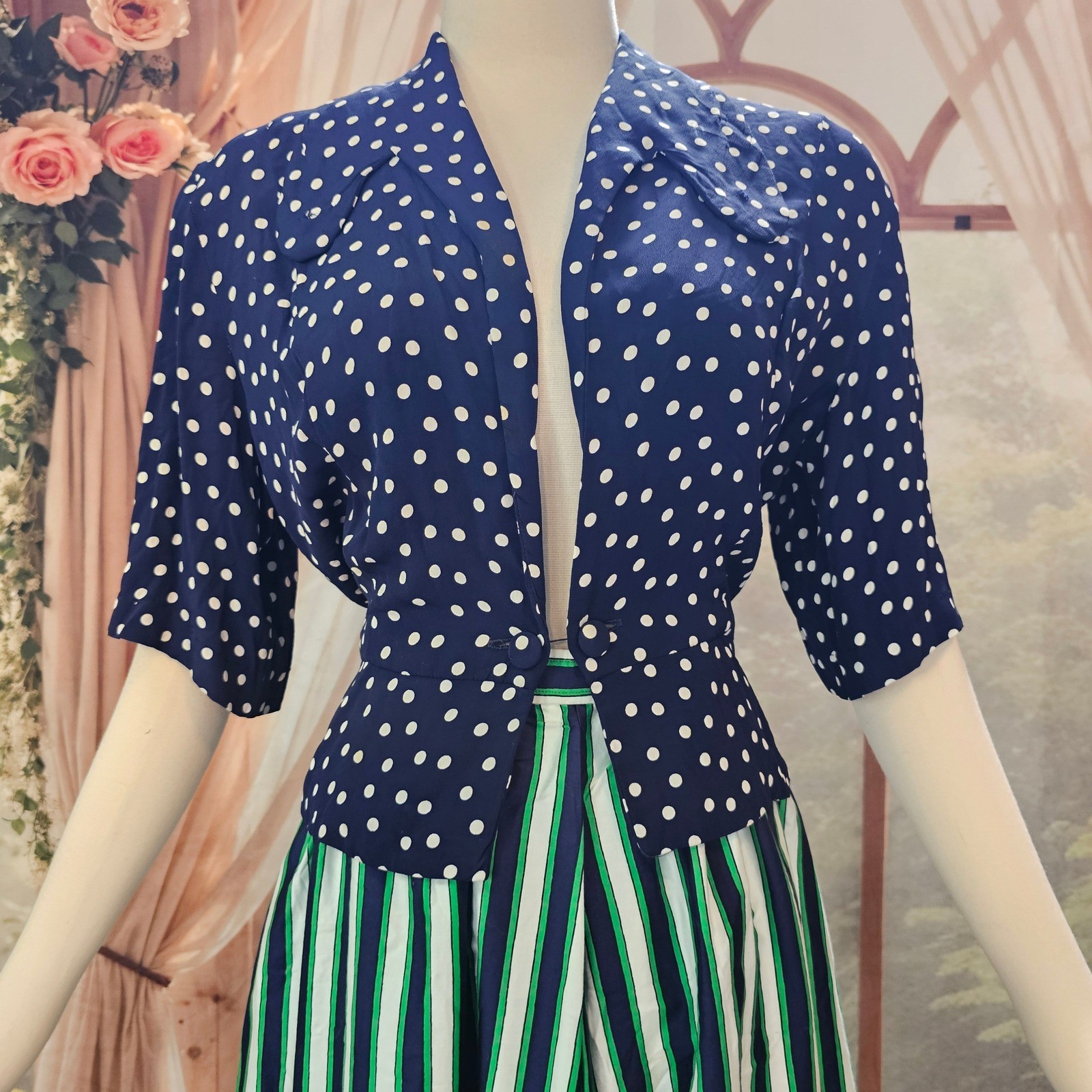 Vintage 1960s Polka Dot Jacket Blazer Navy White Retro Peplum Waist Toggle Close