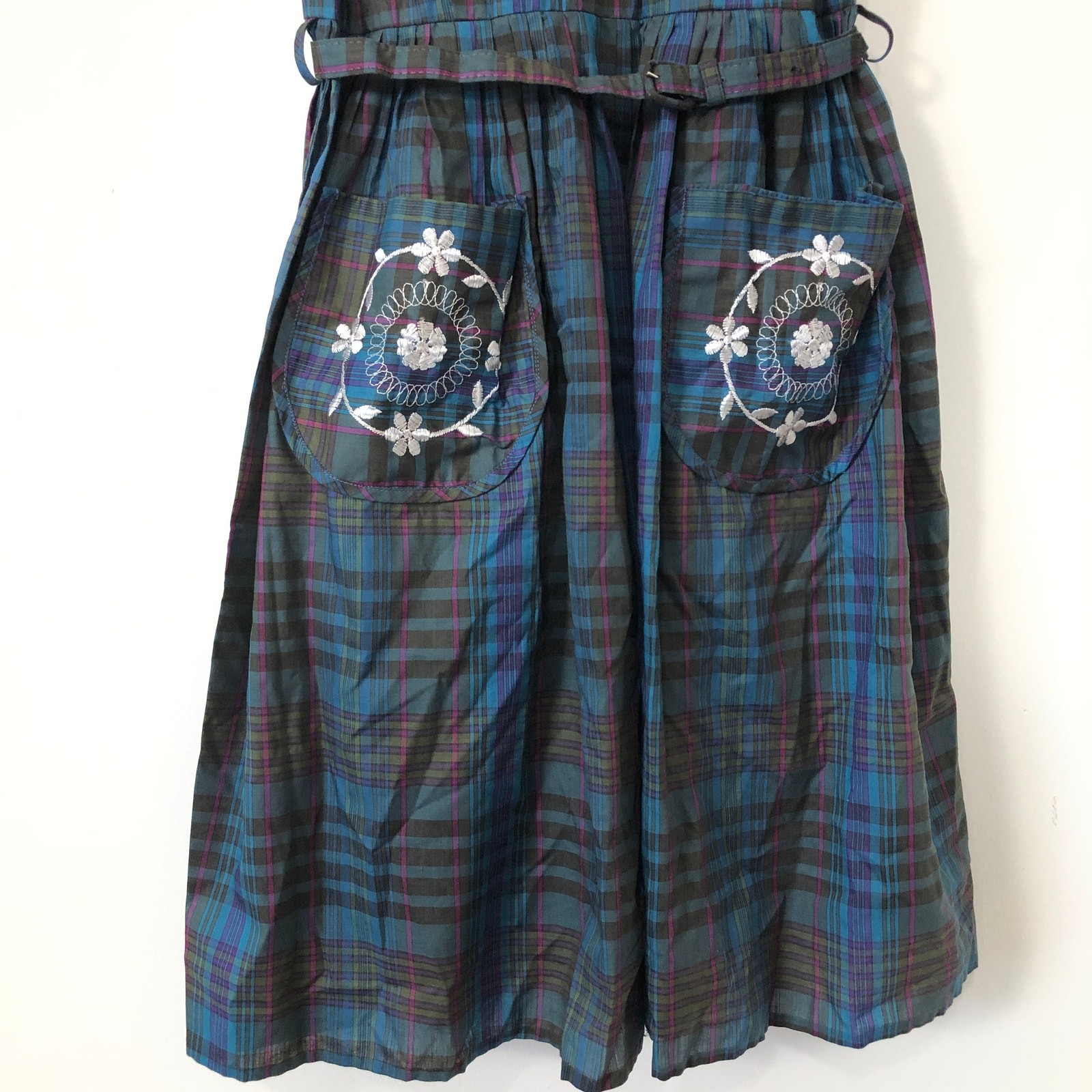 VTG 70s Montgomery Ward Plaid Dress Embroidered Pockets Belted XS Praire