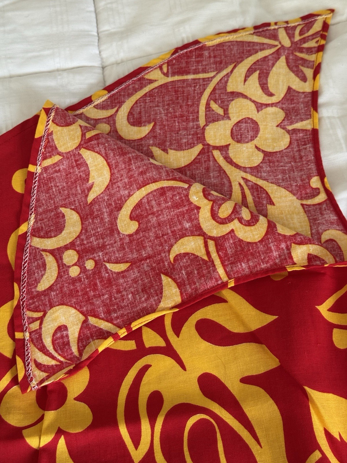 One Shoulder Hibiscus Dress Brilliant Red & Yellow Hand Dyed Hawaiian L 1965