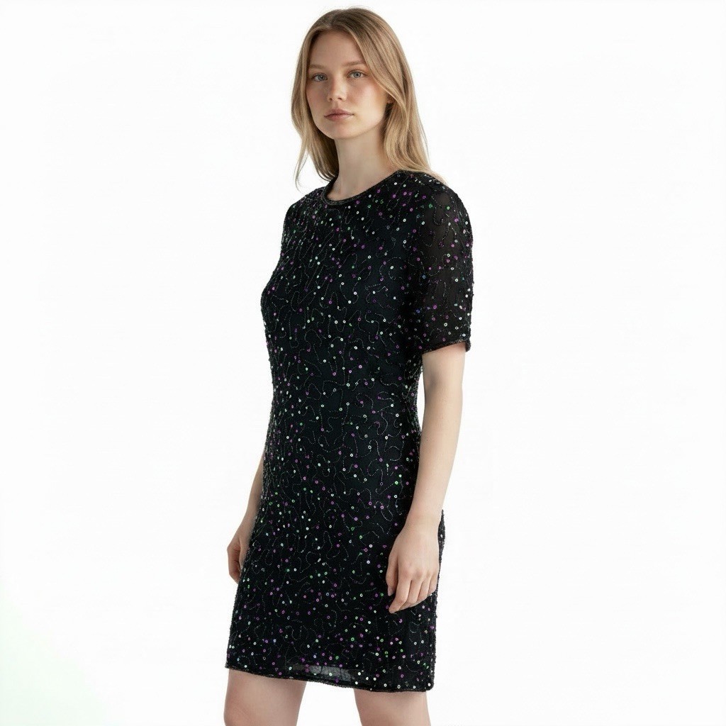 VTG Silk Sequin Beaded Dress Party 80s Sparkle NYE 90s Cocktail Homecoming Large