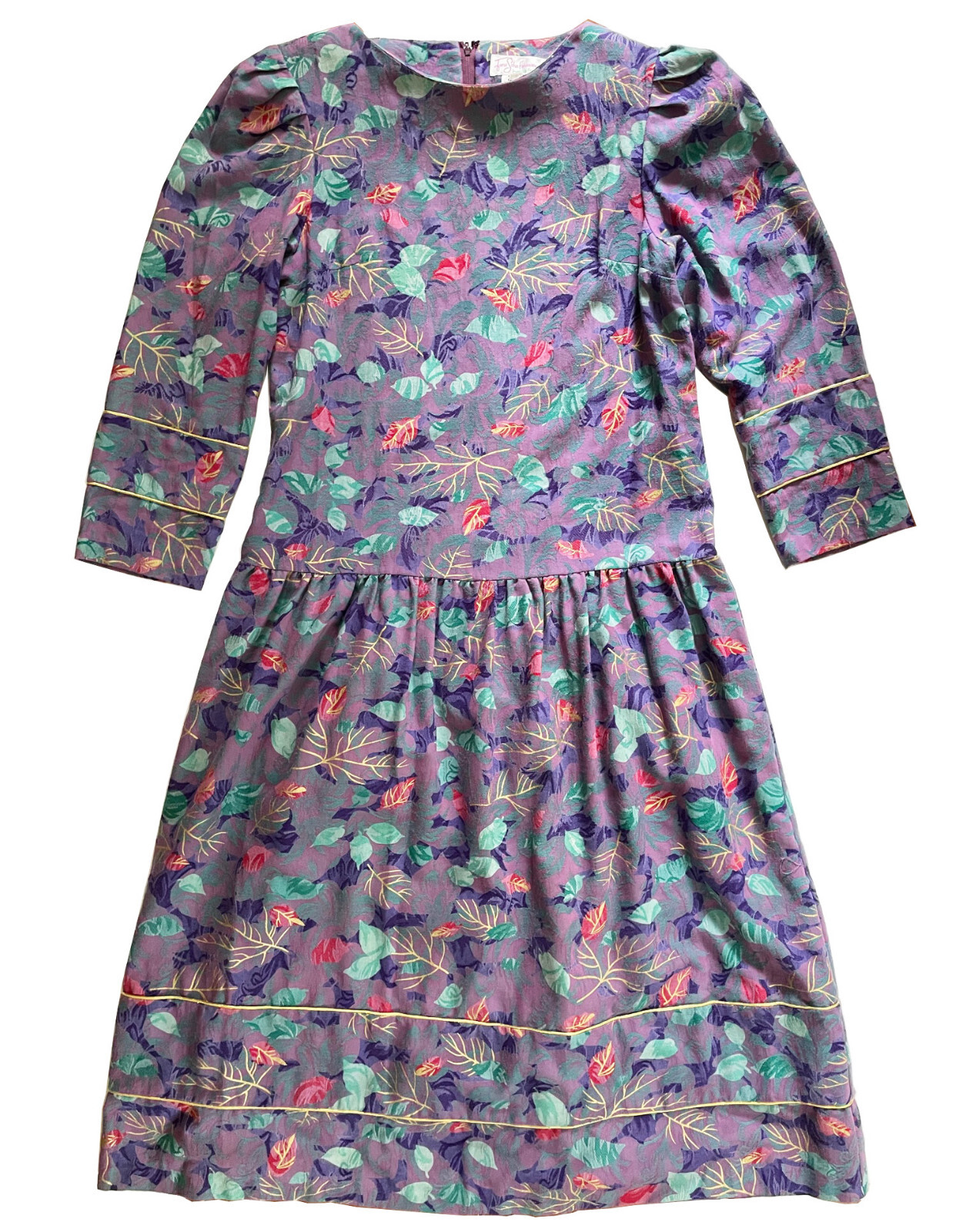 Vintage BELLE FRANCE Dress Cottagecore Floral Drop Waist Midi Cotton Blend Sz 10