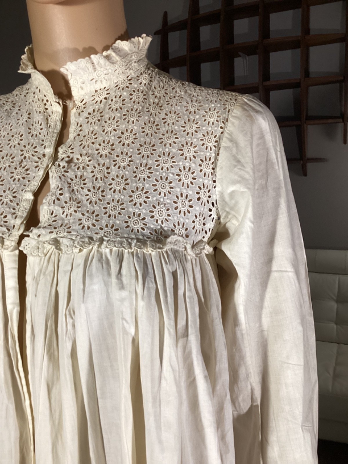 Antique Victorian Edwardian Cotton Eyelet Lace Long Nightgown Glass Buttons