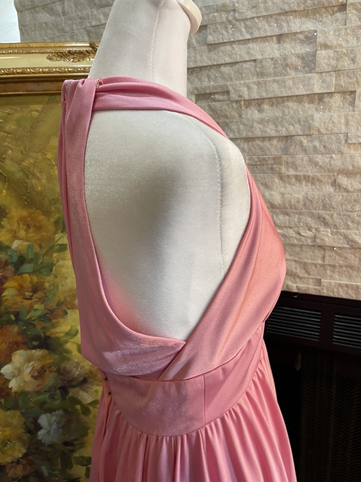 VTG 1970s PINK Ball Gown Liquid Silk Party Halter Gala Formal Size Small