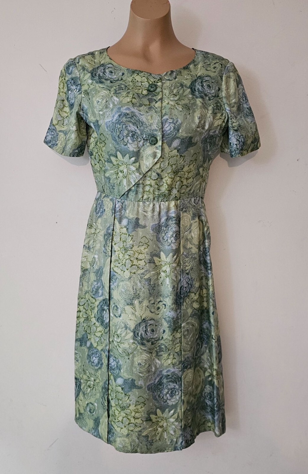Vintage 50s 60s Sage Green Blue Floral Satin Brocade Dress sz 4-5