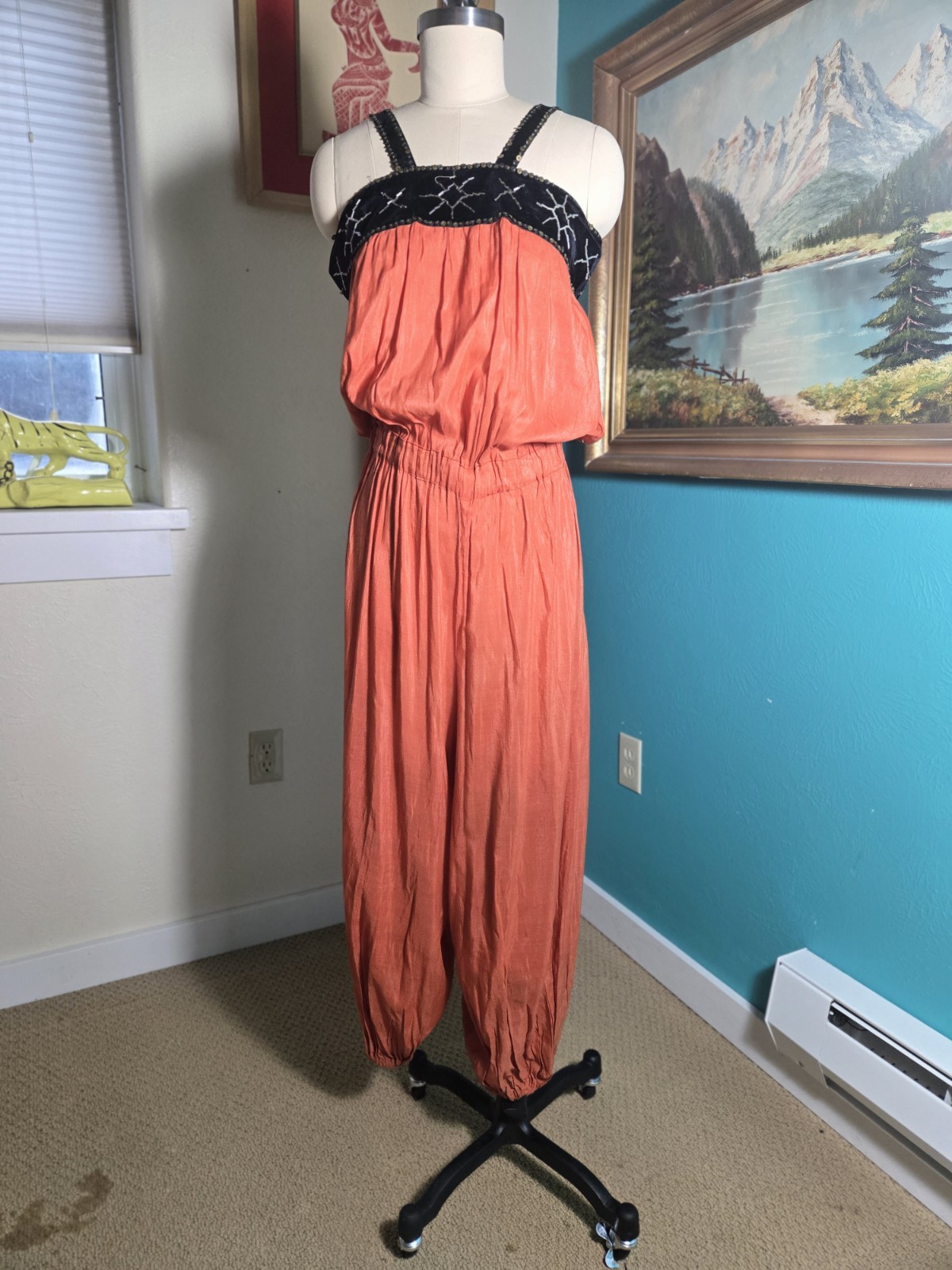 Vtg 1920s 1930s Orange Cotton/Silk Beach Pajamas Romper Velvet Sequin