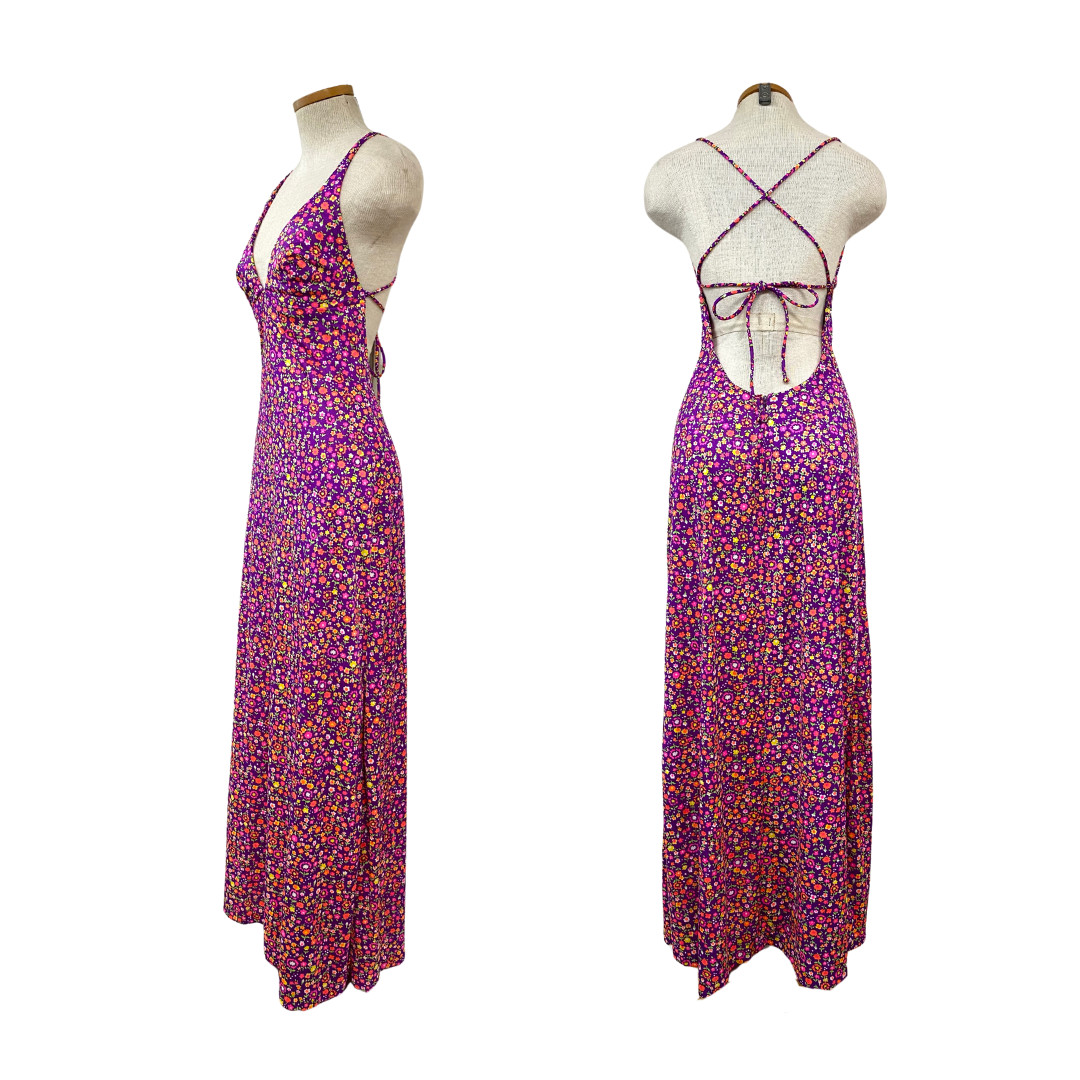 Vtg 70s High Tide California Strappy Crisscross Flower Power Dayglo Era Maxi
