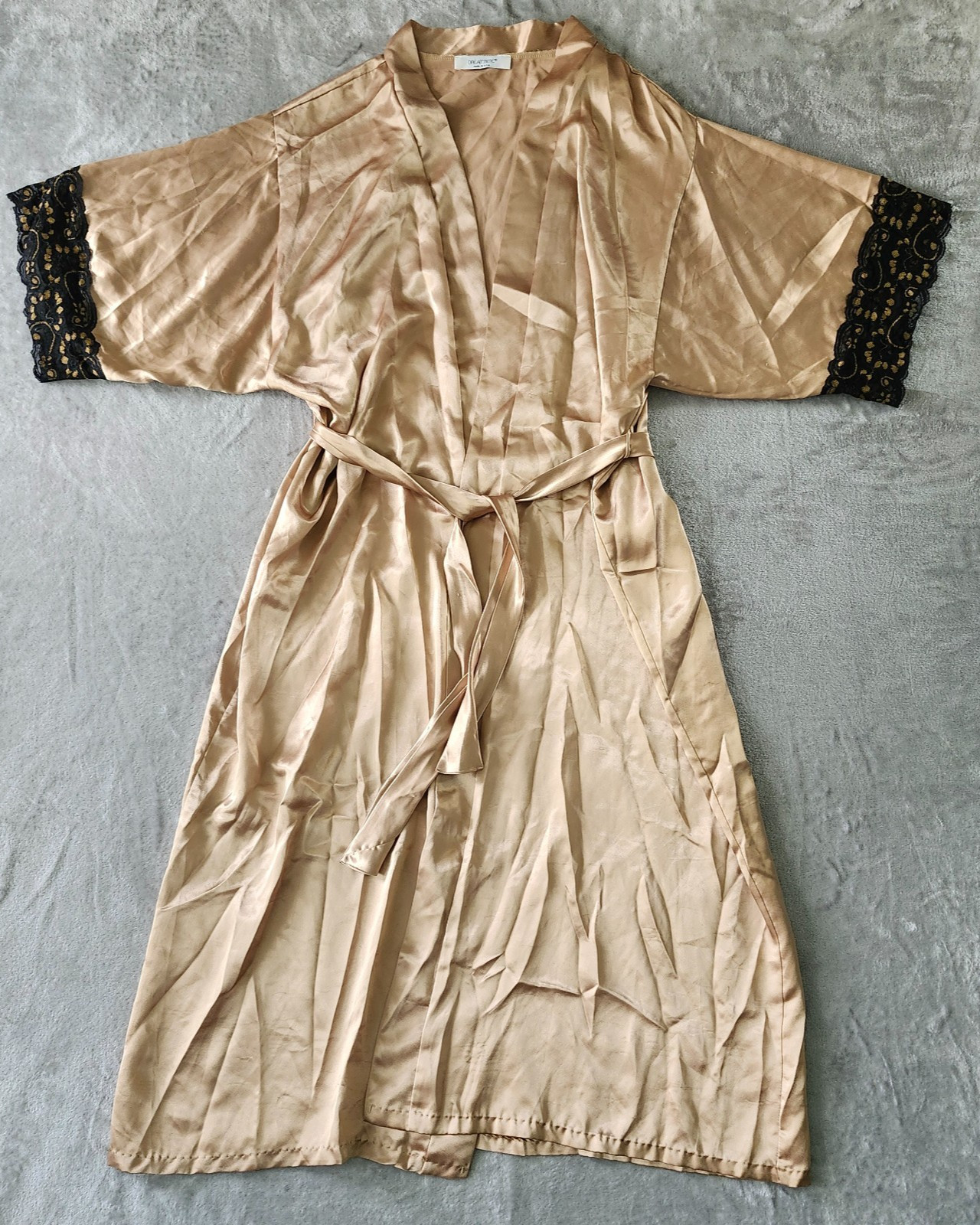 VTG Made In USA Dreamtime Gold And Black Lace Robe w/ Belt Size M Goddess