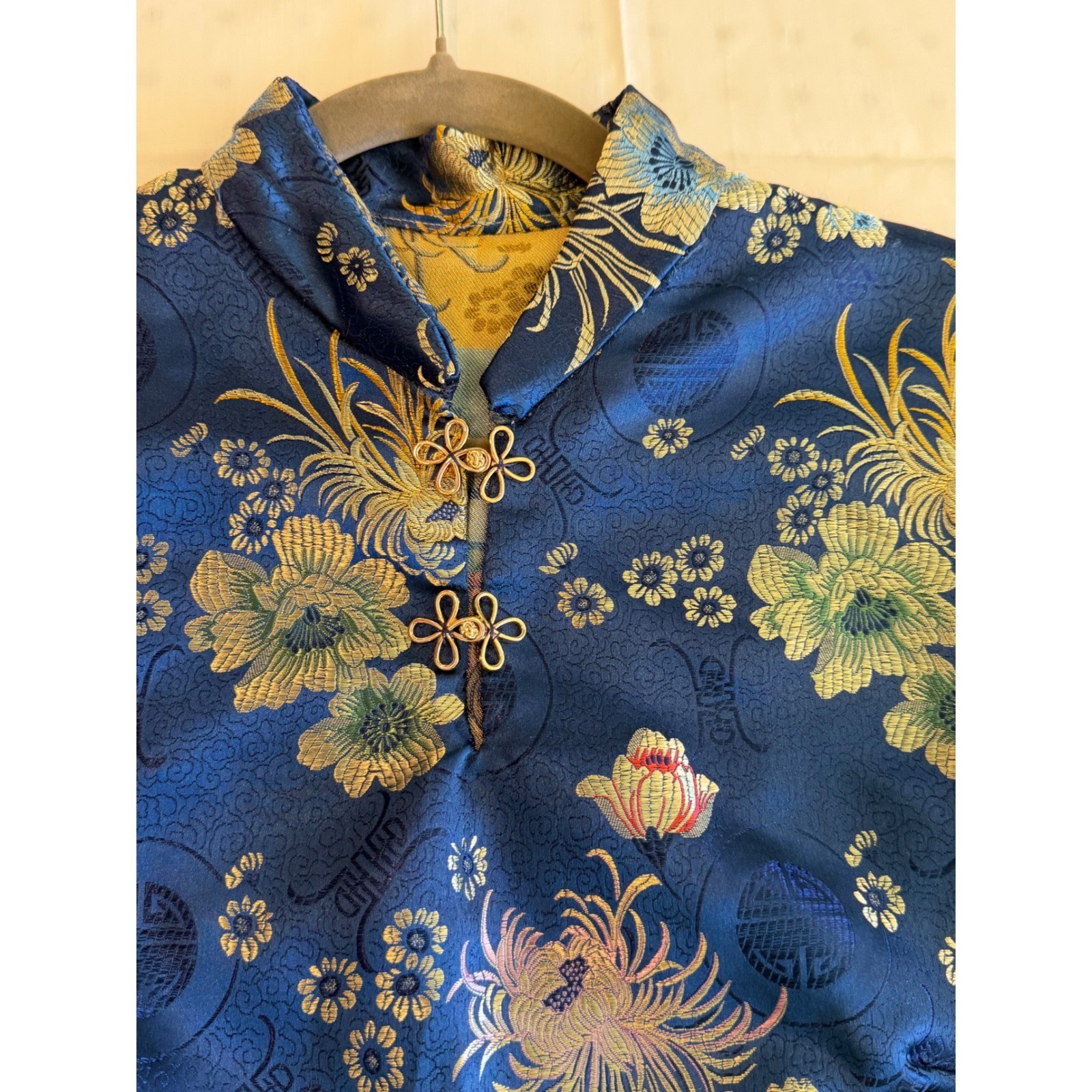 Vintage Blue Floral Satin Brocade Mandarin Collar Frog Closure Tunic Top L