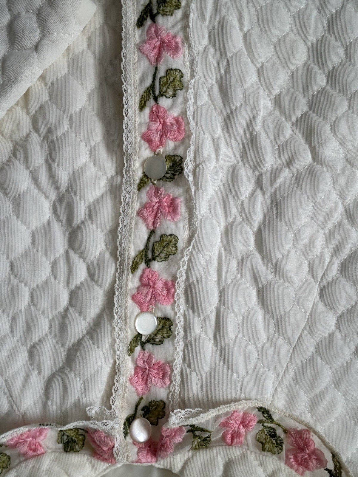 Vintage White Quilted Jacket with Pink Flowers On Lace Appears To Be Small