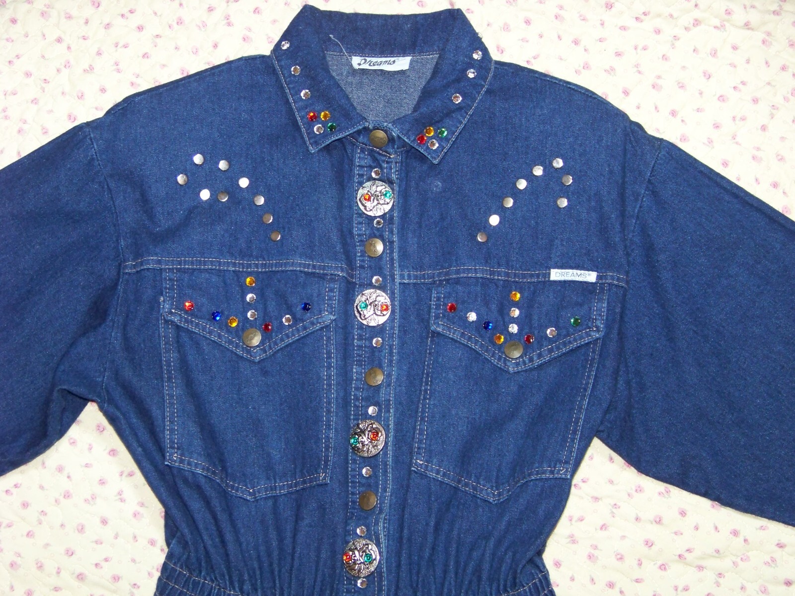 Women s Vintage Dreams Embellished Denim Dress – M (see Measurements)
