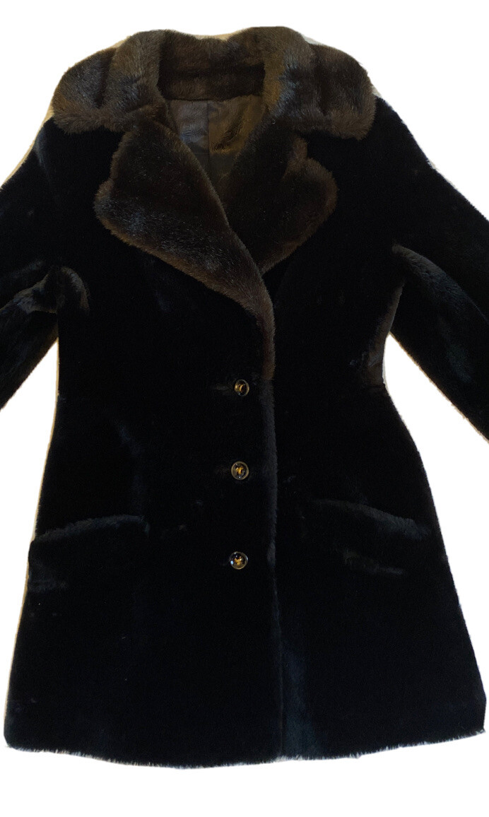 Vtg Borgana Black Faux Fur Coat Sz S Lined Russel Taylor Borg Union Made USA