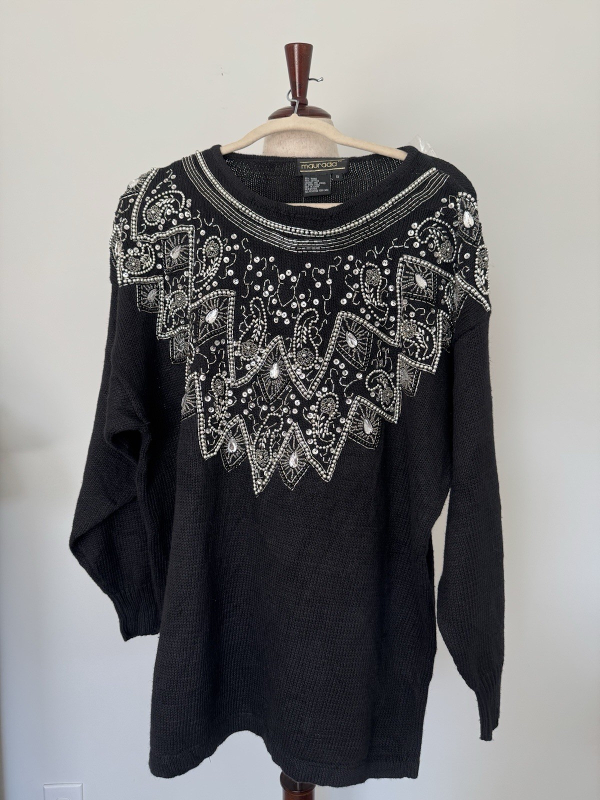 Maurada Women’s 1X Black Beaded Embellished Sweater Ramie Cotton Vintage Style