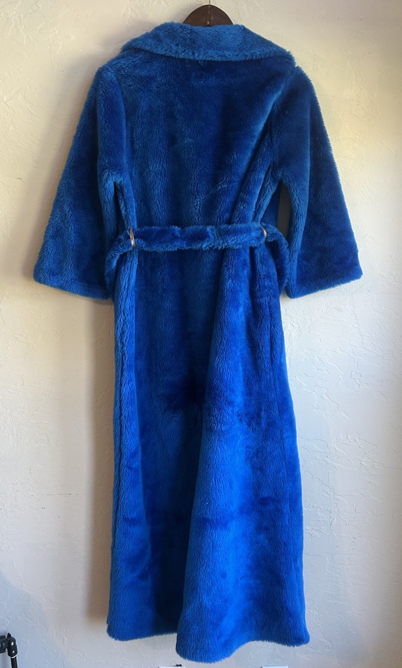 Vintage 70s Faux Fur Maxi Coat 12 Electric Blue Mod Belted Wrap Robe Boho Glam