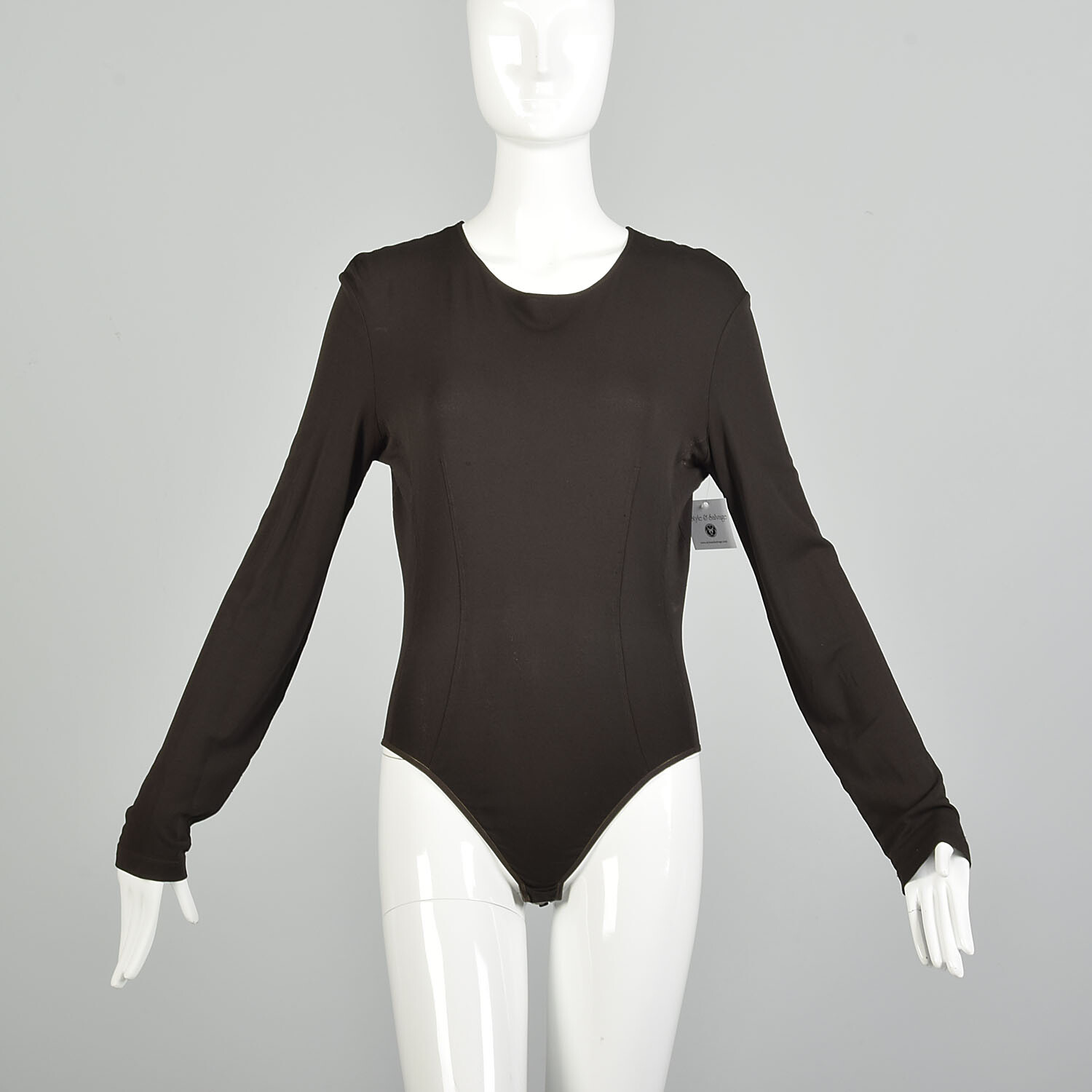 Medium 1990s Bodysuit Donna Karan Designer Long Sleeve Thong Stretchy Neutral