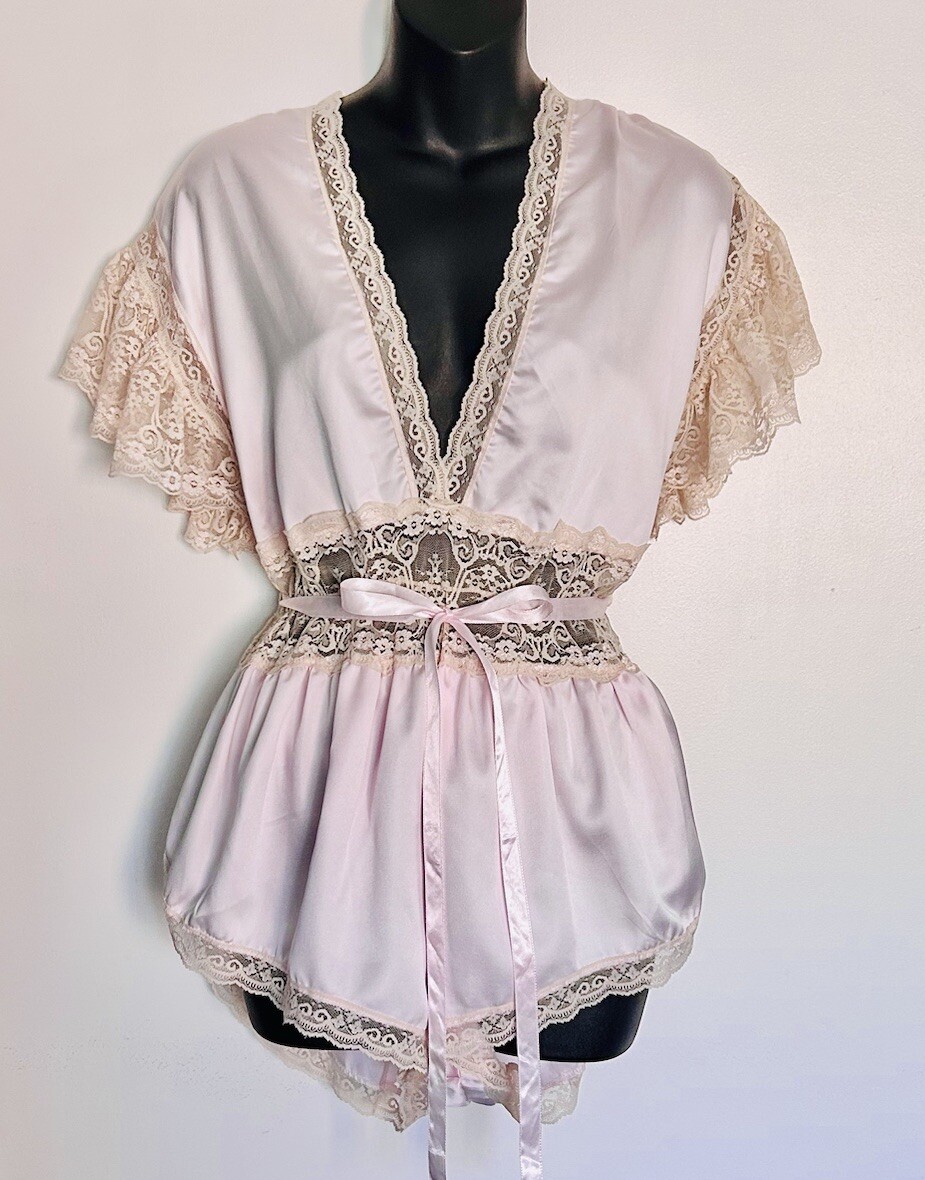 Rare Vintage Lily Of France Teddy Romper Pink Satin Lingerie With Lace Sz M EUC