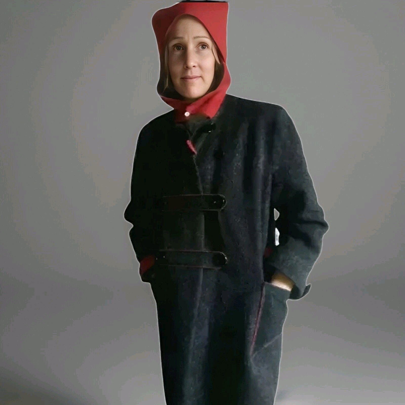 VTG 50s Gray Duffle Coat w/ SCARLET RED COUDEROY TRIM, Hood & Patch Pockets M