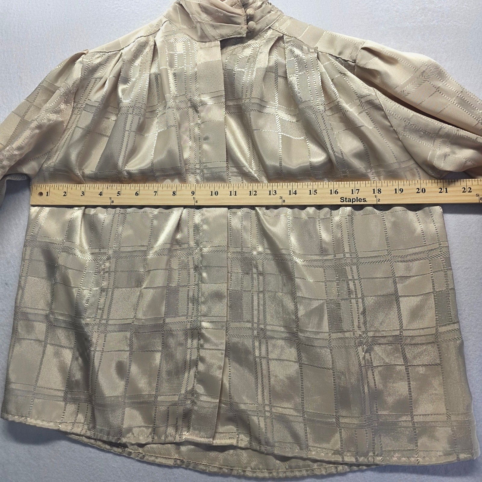 Yves St Clair Petites Vintage Champagne Metallic Plaid High Neck Blouse 4P