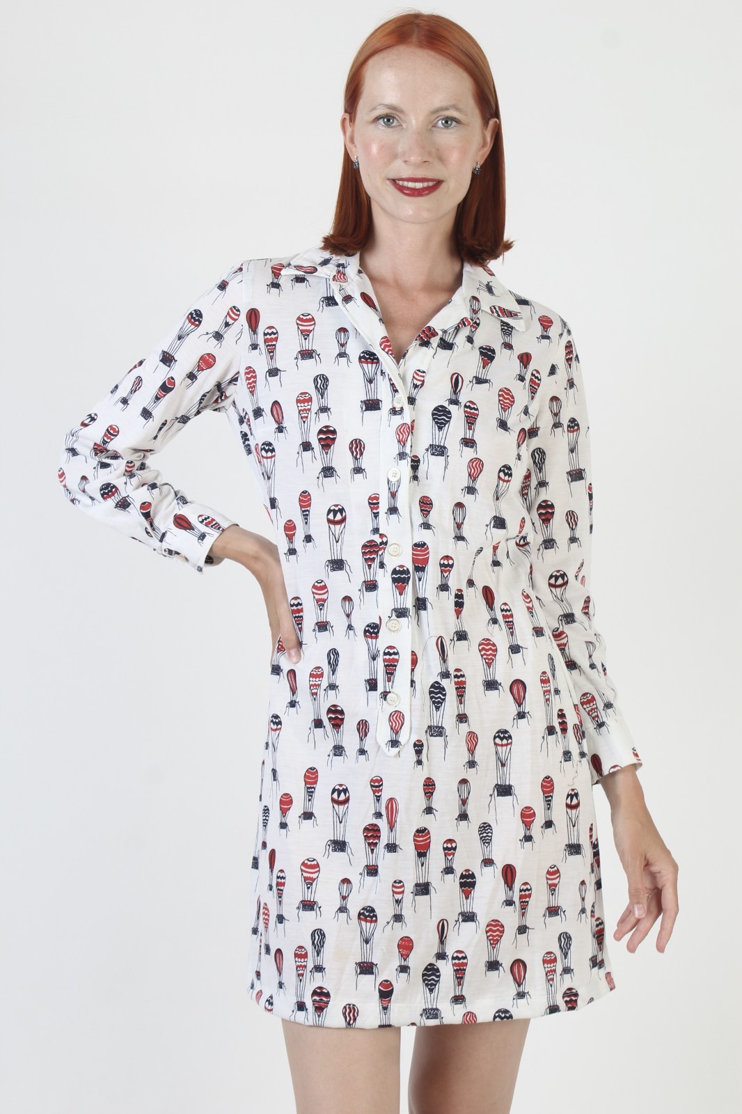 Vtg Hot Air Balloon Shirt Dress Dagger Collar Button Up Novelty Print Sundress