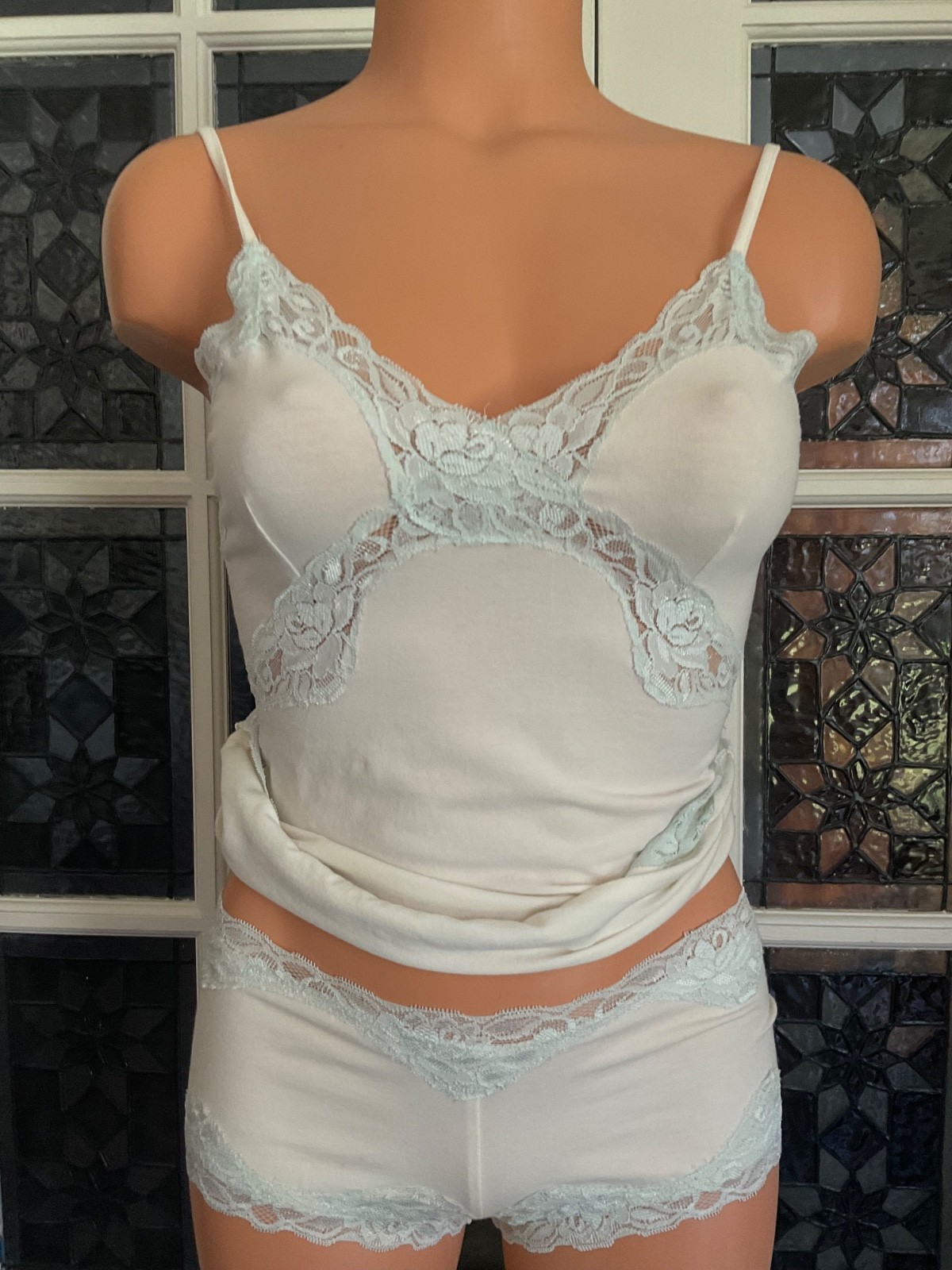 Vintage Pajama Set Cami Top / Boy Shorts Blue Lace Inserts Size Small