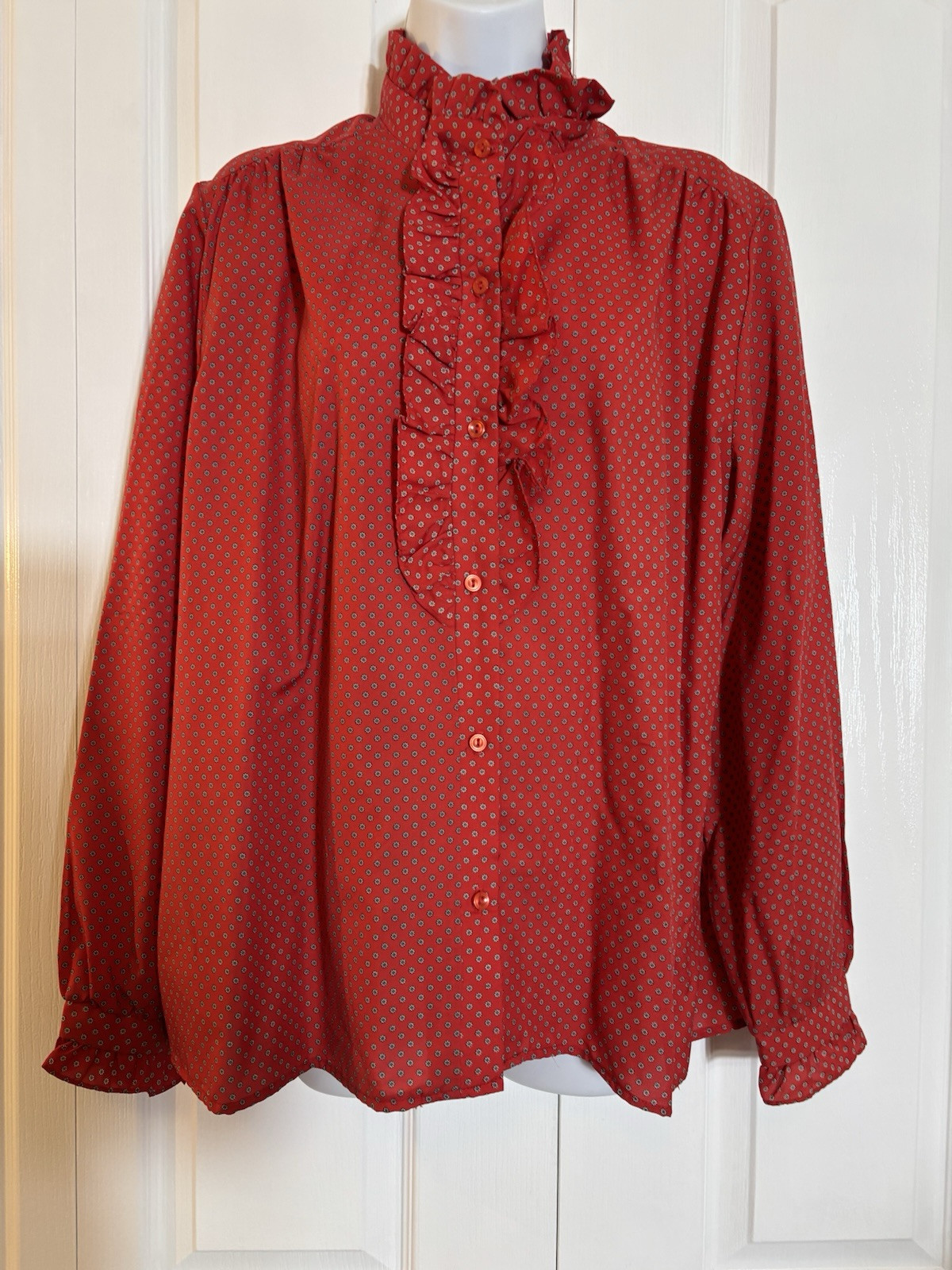 Vintage LEWMAR 1970s Red Floral Ruffled High Neck Blouse Secretary Geek XL