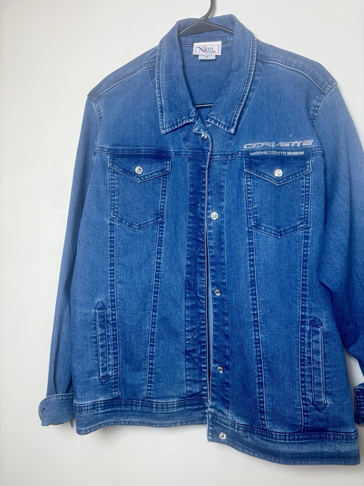 C8 Corvette Jeweled Denim Jacket embroidered jeweled logo on the back.