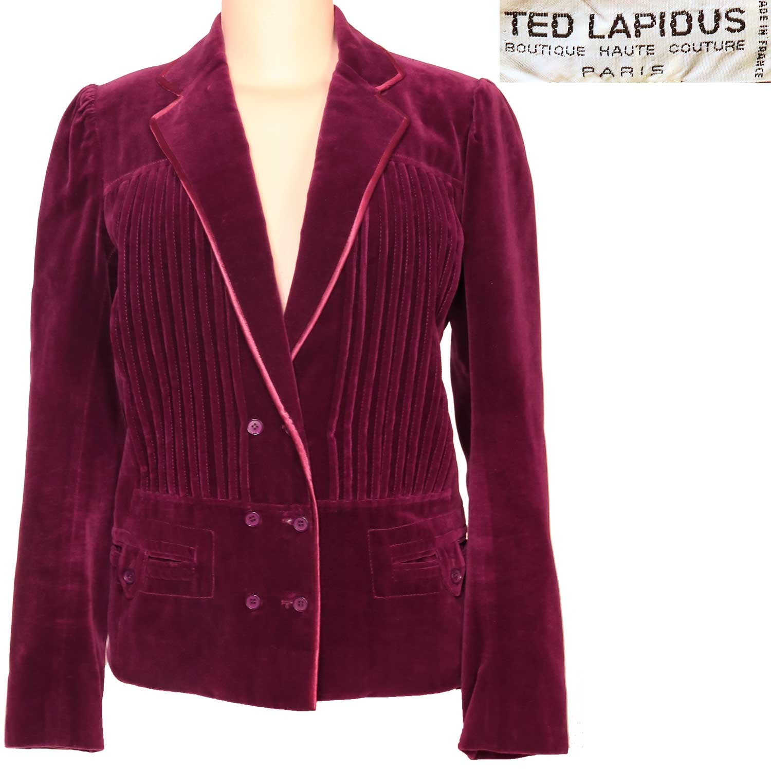 Vintage Ted Lapidus Haute Couture Jacket Burgundy Red Pleated Velvet Satin 36/S