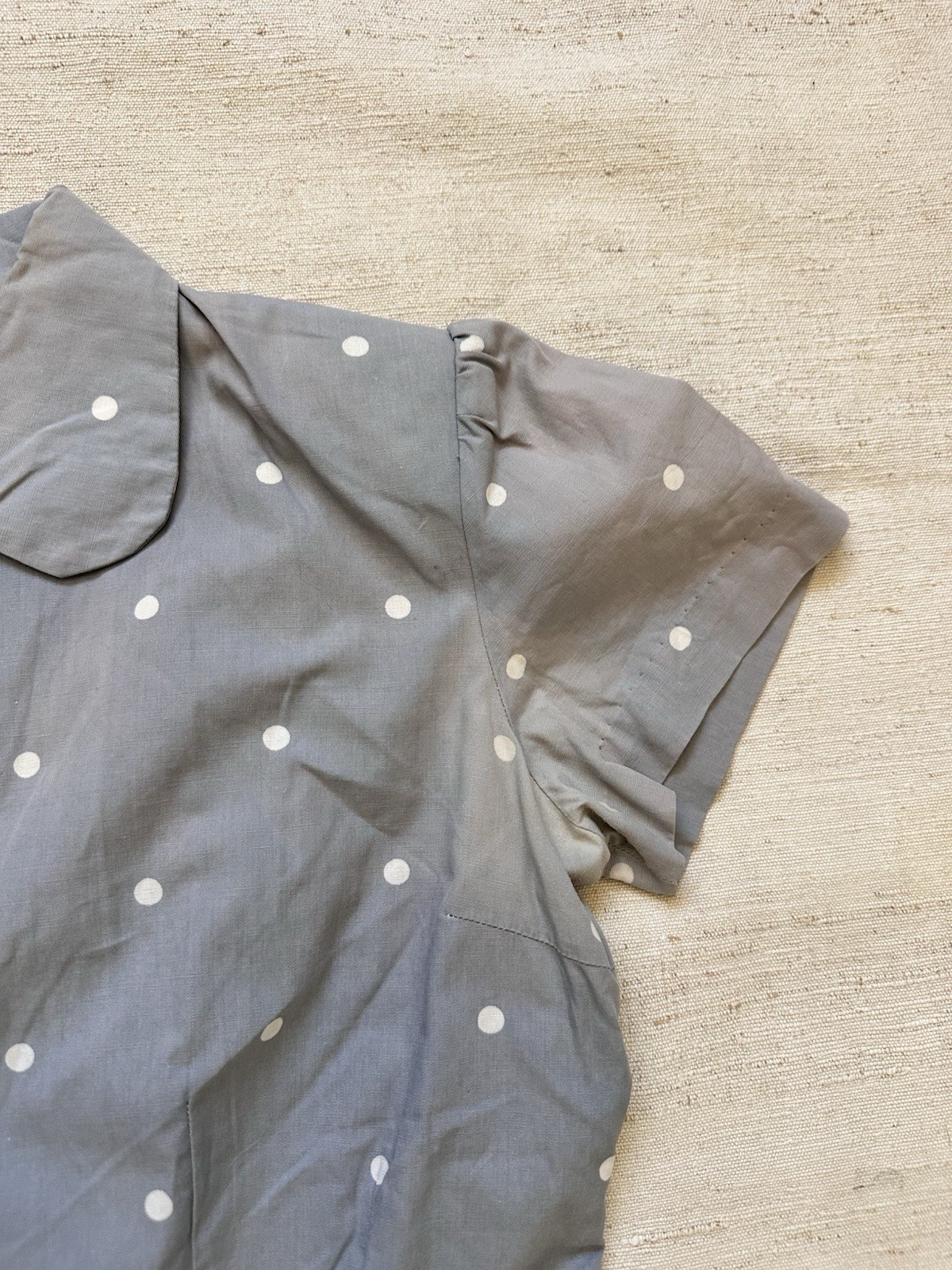 1950s Vintage Handmade French Cotton Farm Chore Dress Polkadot Grey Faded Small