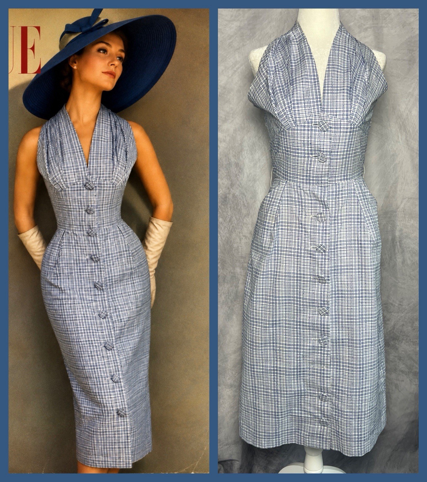 Vintage 1950s Forman & Gunner Blue White Plaid Swiss Dot Fitted Wiggle Dress M