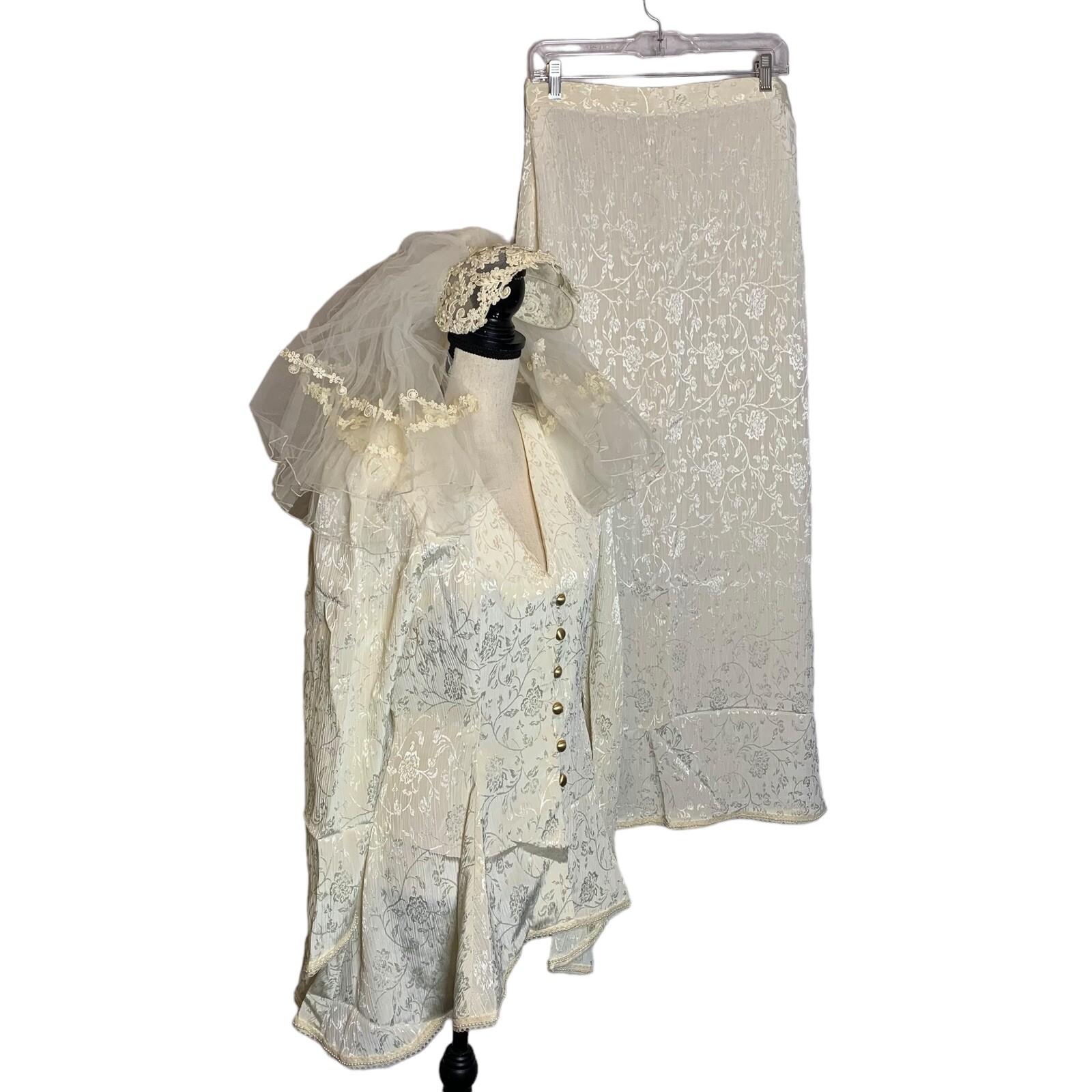 Vintage Wedding Dress Skirt Top Veil Faux Pearls Gold Tone Buttons Handmade