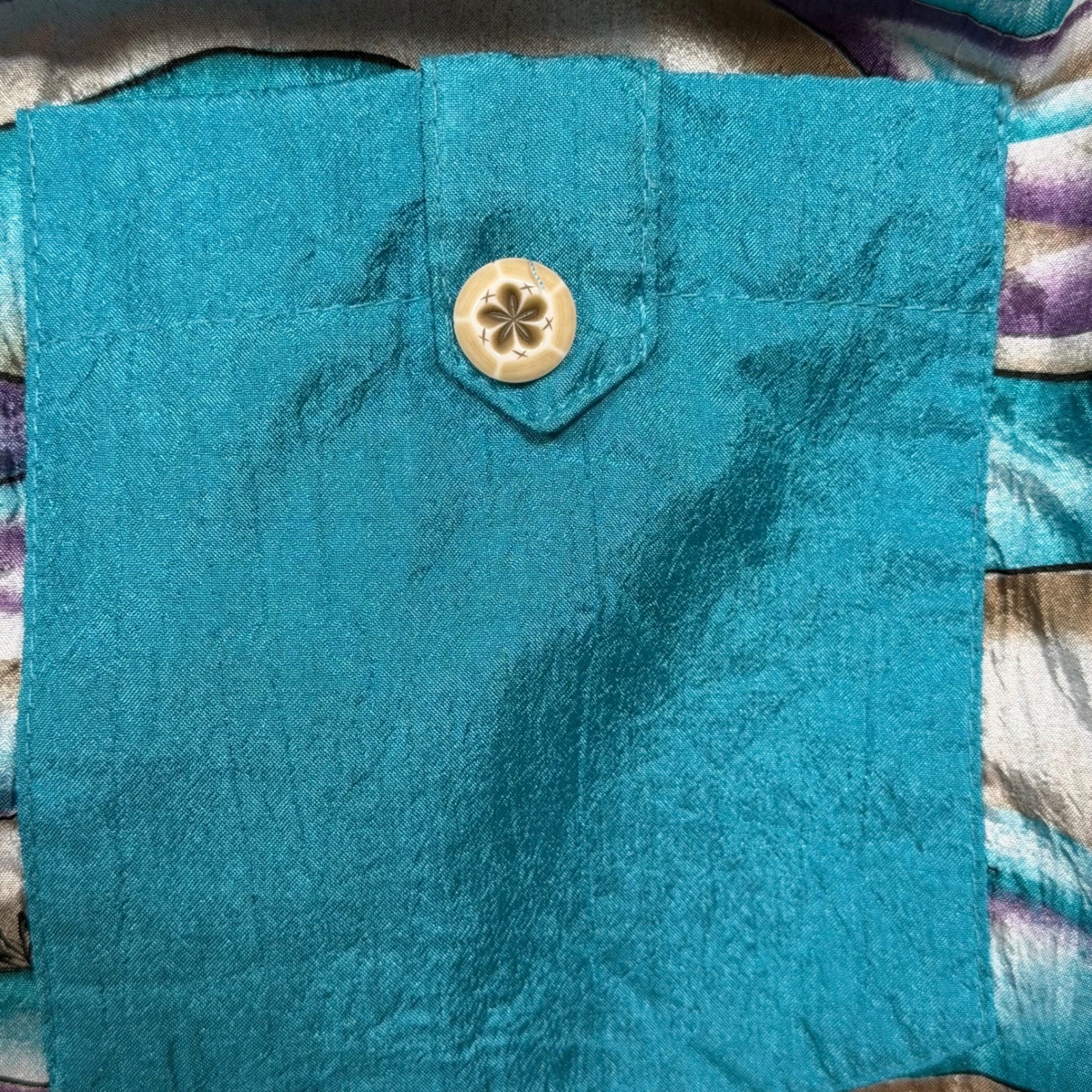 Vintage 90s Abstract Wave Print Button Down Blouse Size M Teal Purple Polyester