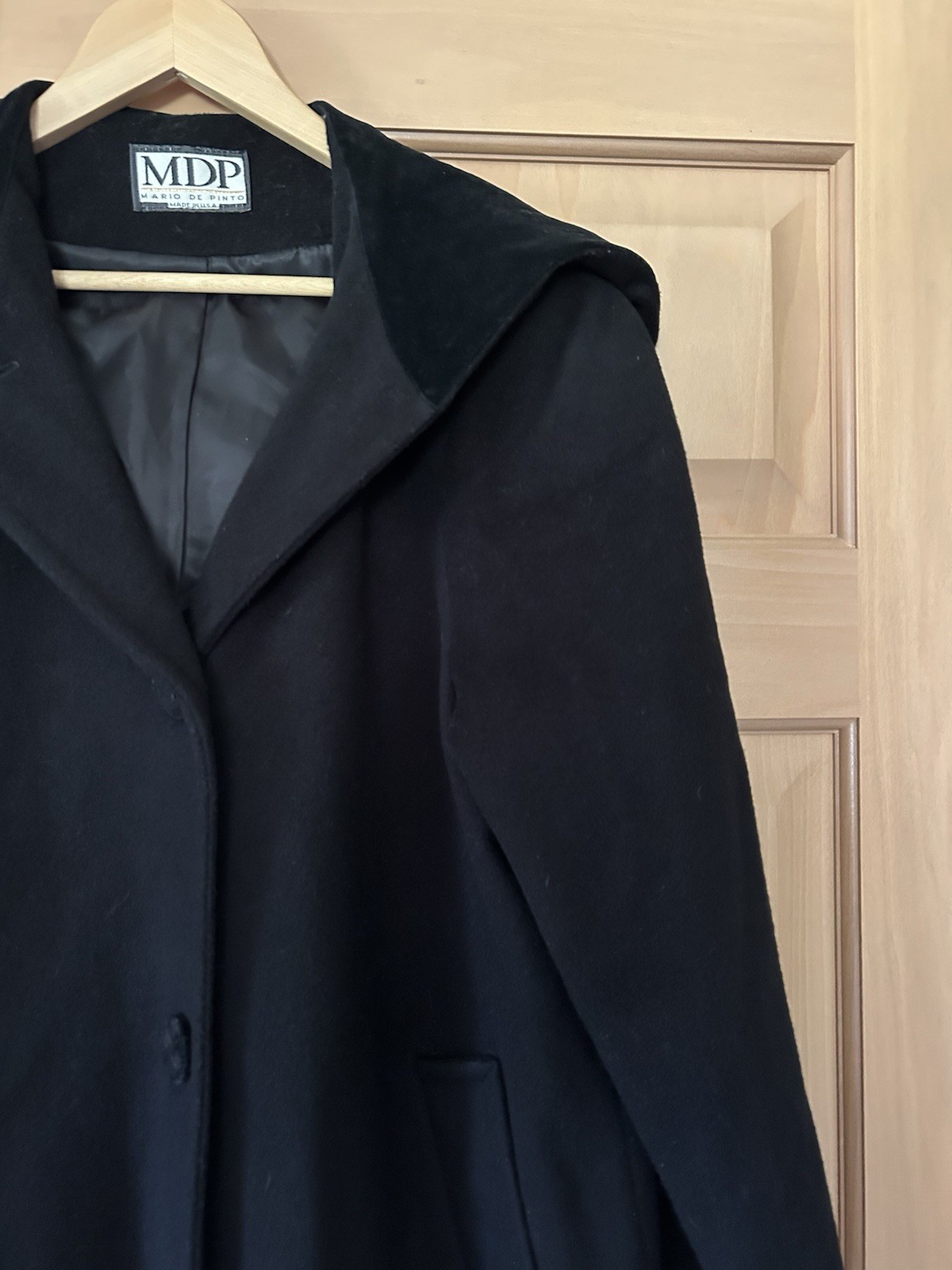 VTG Mario De Pinto Black Wool Hooded Maxi Coat with Velvet Trim Modern Size M
