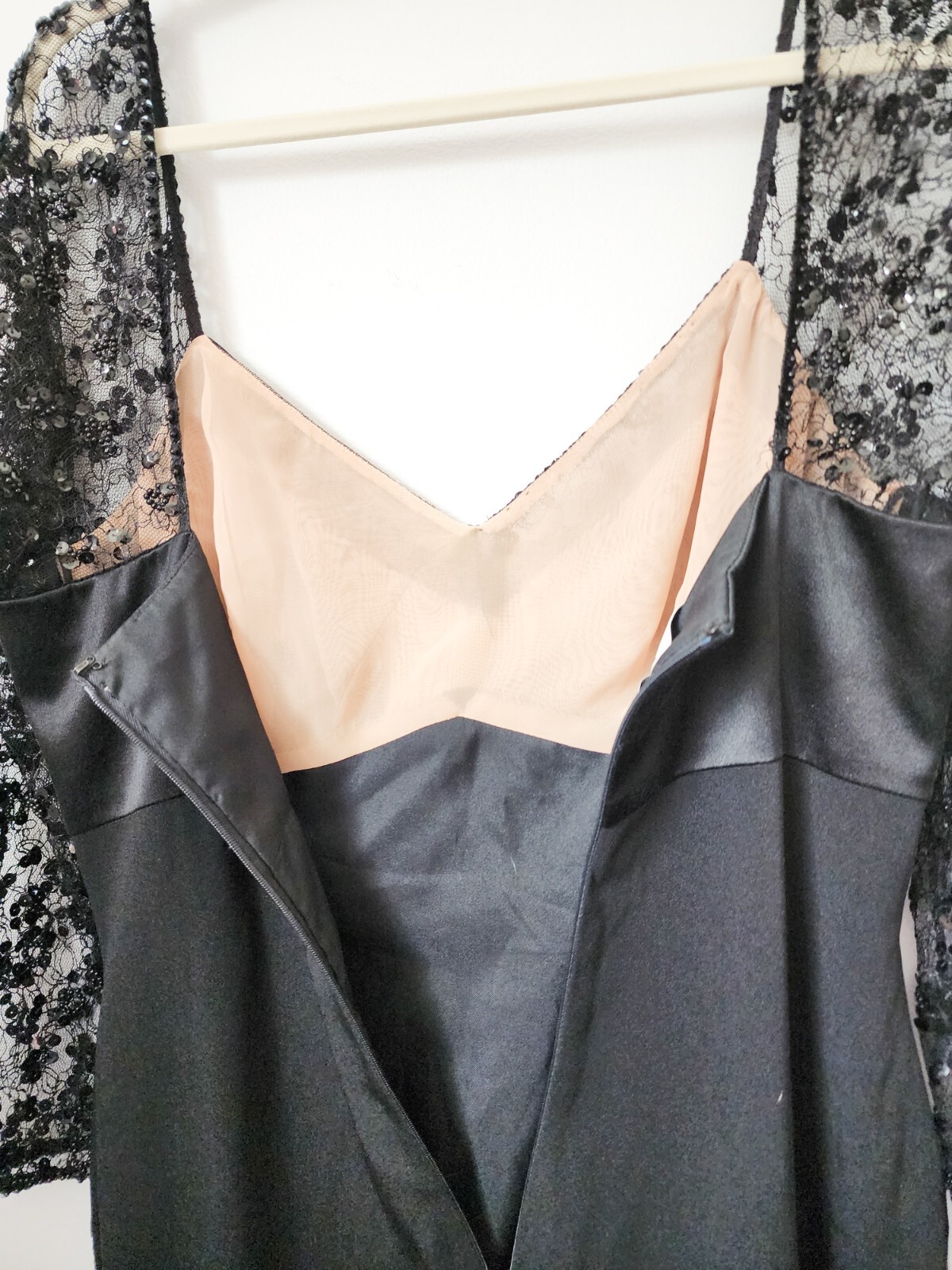RARE Vintage Saks Fifth Avenue Travilla Ebony Silk Beaded Gown W/ Lace Size 14