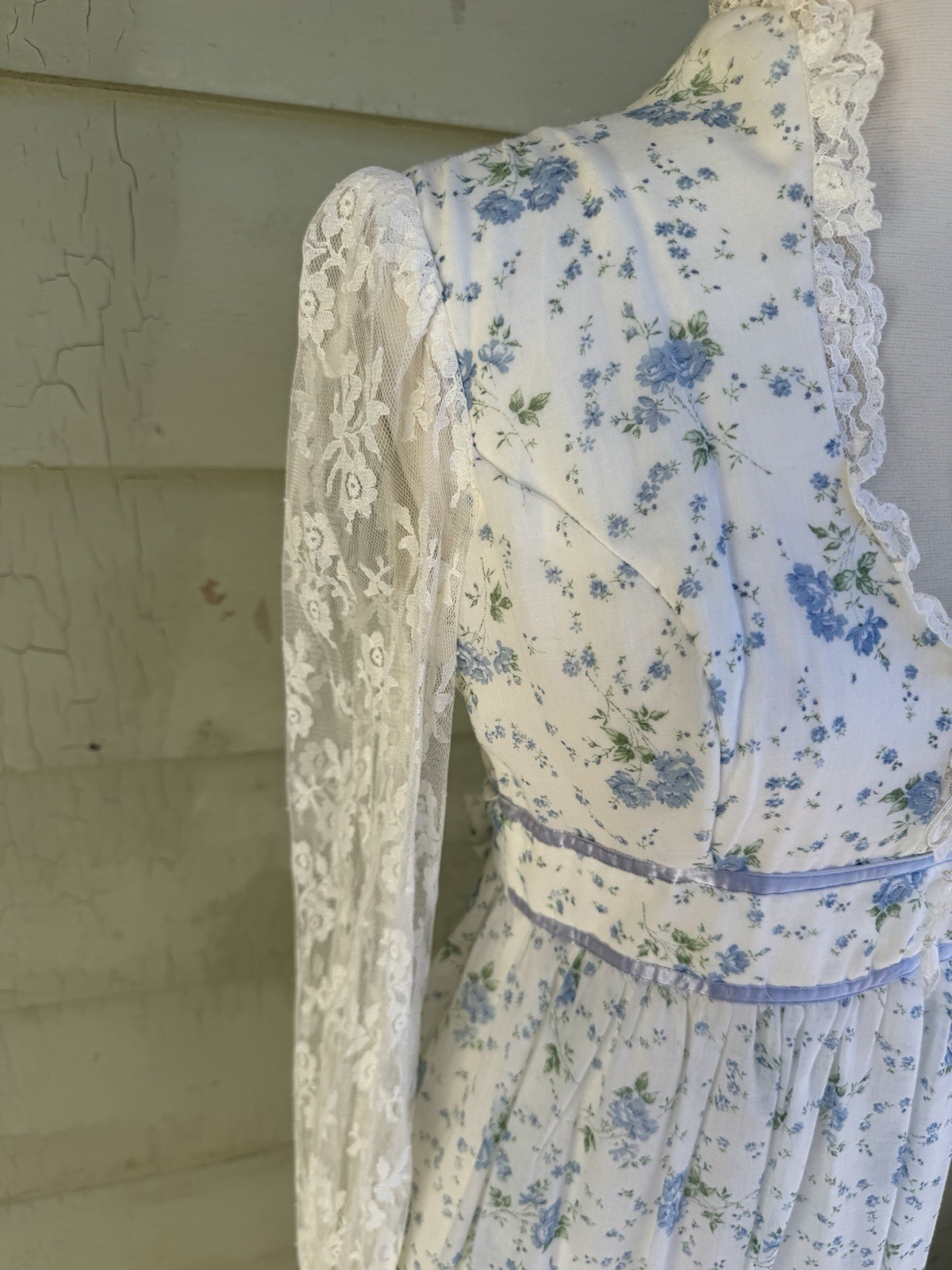 Gunne Sax Maxi Dress Blue White Flowers Lace Long Sleeve Cottagecore Boho 9/10 M