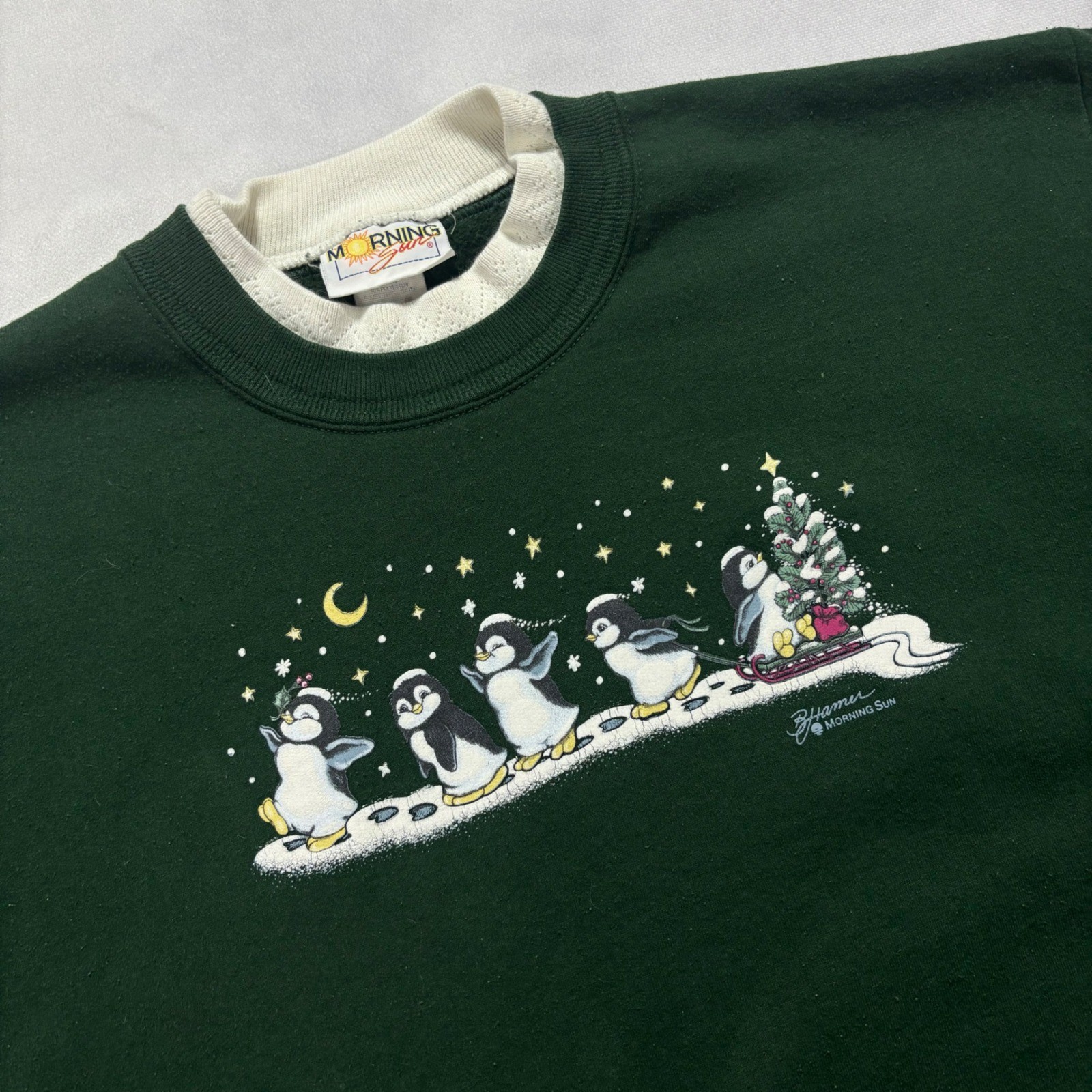 Vintage Penguin Christmas Sweater Women’s XL Green Mock Neck Nature Grandma USA