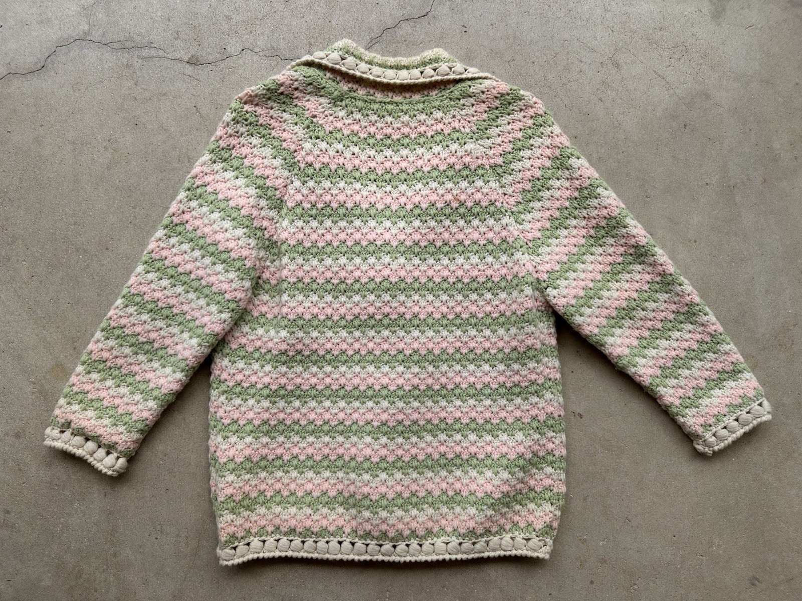 1960s Ilaria Italy Hand Knit Crochet Cardigan Popcorn Stitch Pink Green Sweater